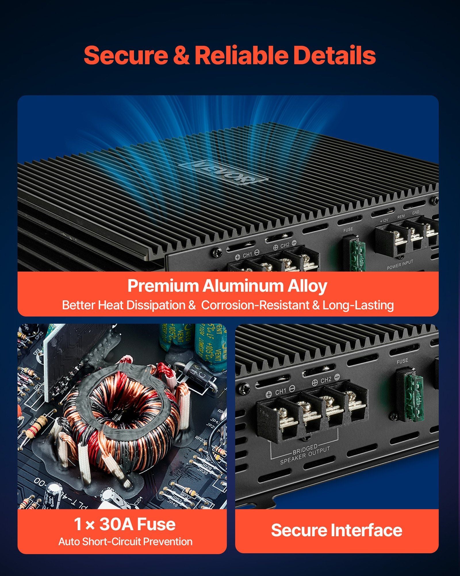 Car Audio Amplifier, 2-Channel Bridgeable Car Amplifier, Full-Range Class AB Stereo Amp, Max. 2 x 300W at 4 Ohms / 2 x 600W at 2 Ohms, High Output, for SUVs, Pickups, and Off-Road Vehicles