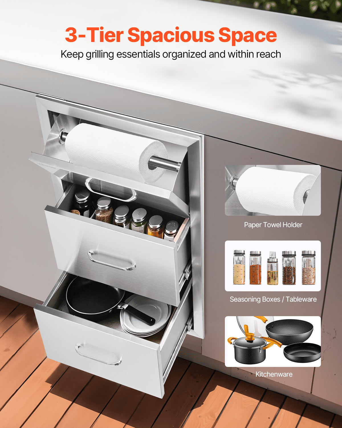 Flush triple access drawer raised style height triple drawer, 76 x 43 cm,stainless steel