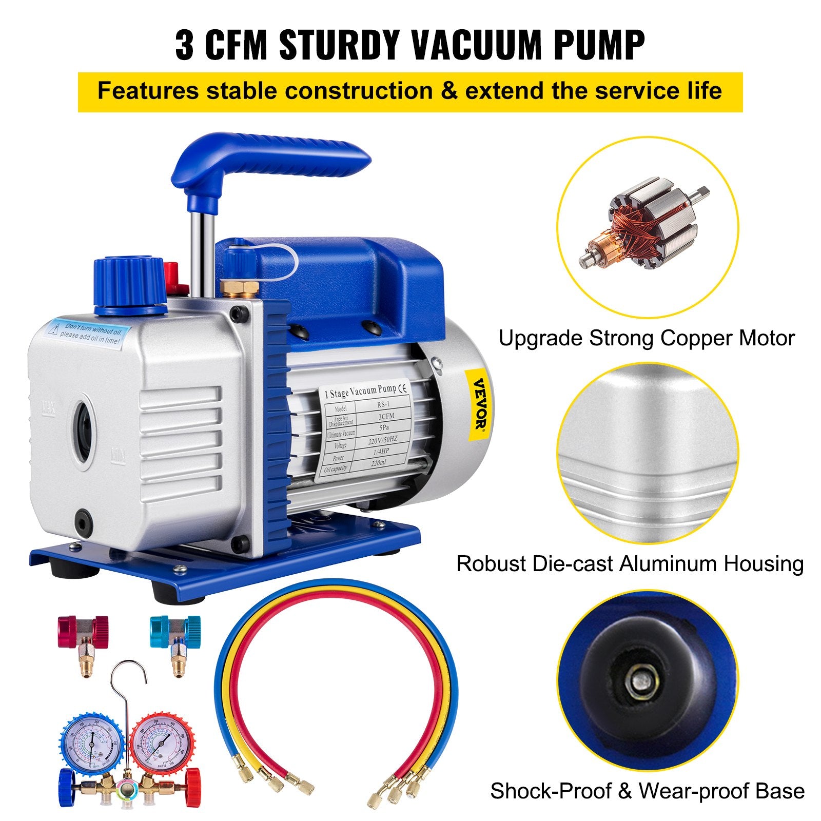 VEVOR 3CFM 84 L/M 1-Stage, Refrigerant Vacuum Pump Refrigeration Gauges A/C Air Conditioning 1440 RPM 1/4 HP, 3 pcs hoses 800 PSI Refrigeration Gauges