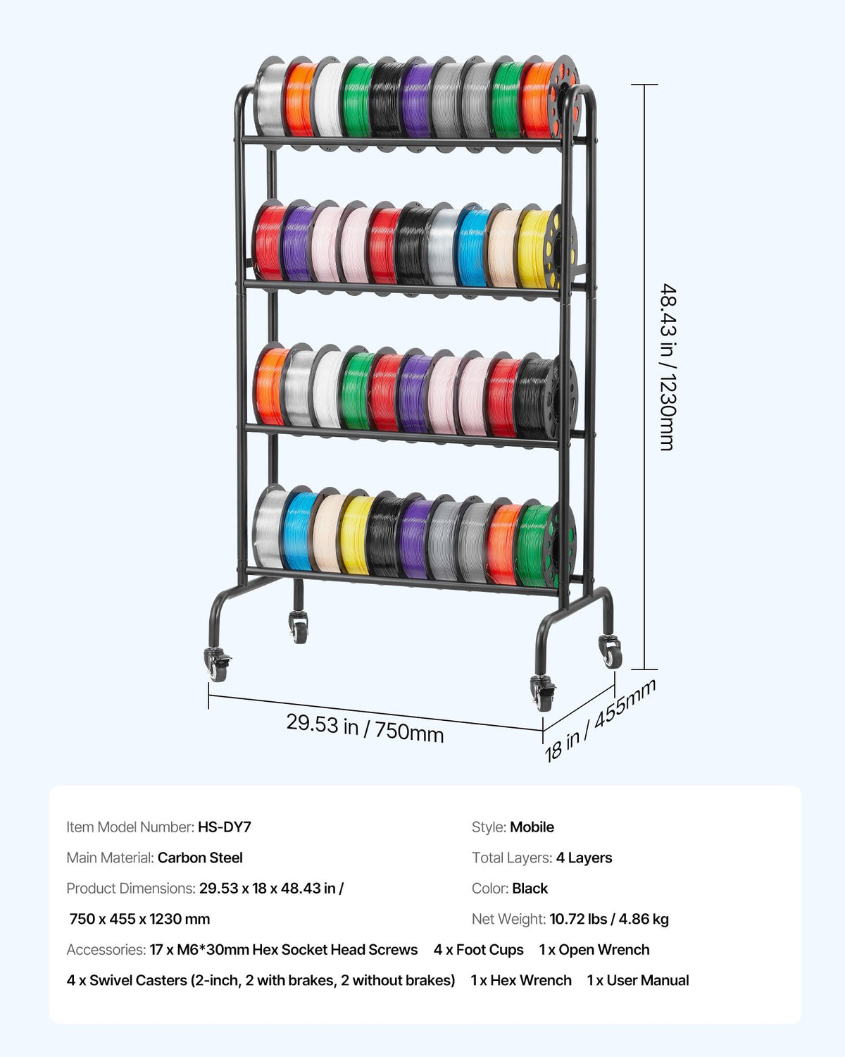 VEVOR 3D Printer Filament Storage Rack, 4 Tier Heavy Duty Storage Shelf, Rolling Filament Spool Holders Racks with Wheels, Filaments Organzied for 3D Printing Station, Office, Workshop (Shelf Only)