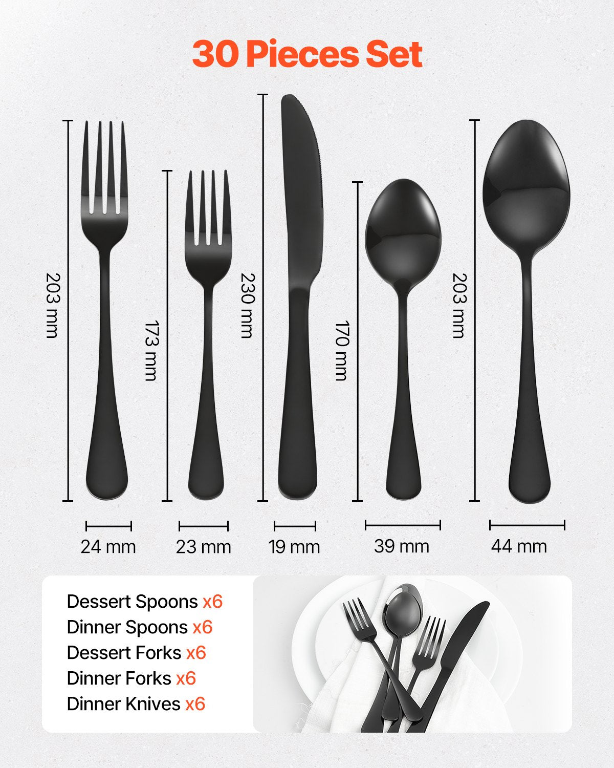 VEVOR 30-Piece Black Silverware Set, Food-Grade Stainless Steel Flatware Utensils for 6, Mirror Finished Cutlery Set, Dishwasher Safe Eating Tableware for Kitchen Home, Include Knife Fork Spoon