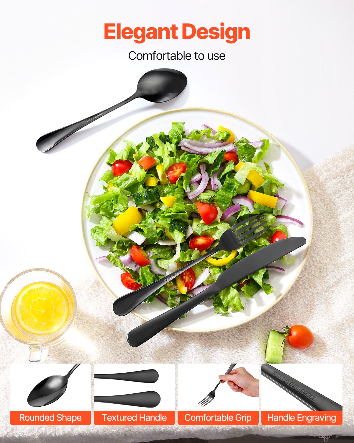 VEVOR 30-Piece Black Silverware Set, Food-Grade Stainless Steel Flatware Utensils for 6, Mirror Finished Cutlery Set, Dishwasher Safe Eating Tableware for Kitchen Home, Include Knife Fork Spoon