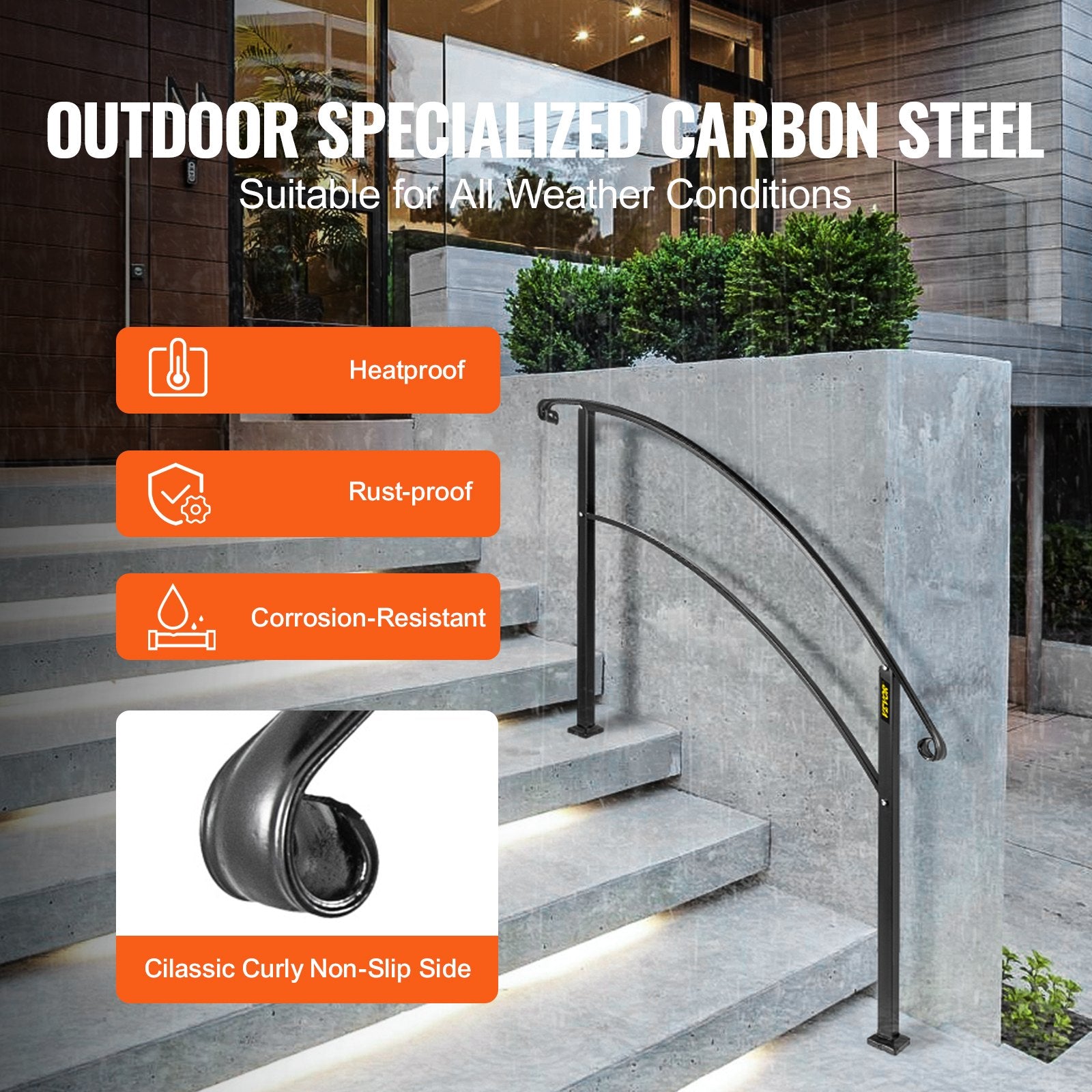 VEVOR 4-Step Handrail Fits 1 or 4 Steps Matte Black Stair Rail Wrought Iron Handrail with Installation Kit Hand Rails for Outdoor Steps