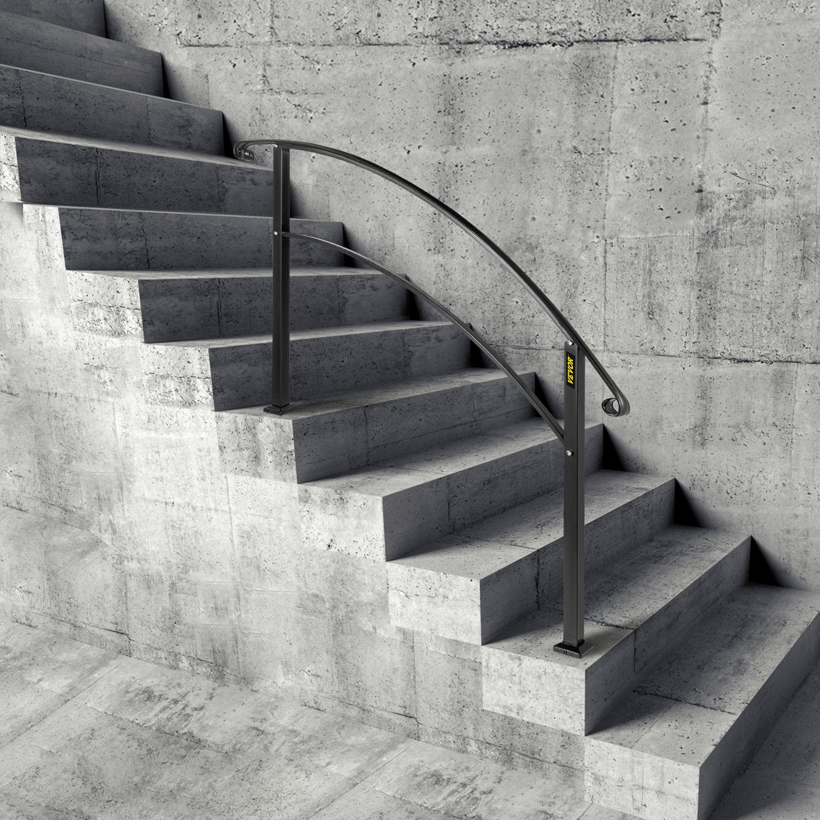 VEVOR 4-Step Handrail Fits 1 or 4 Steps Matte Black Stair Rail Wrought Iron Handrail with Installation Kit Hand Rails for Outdoor Steps