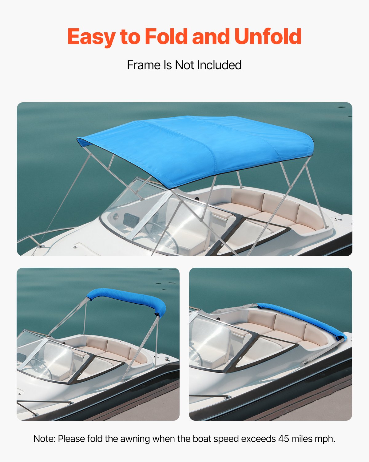 VEVOR 4 Bow Boat Bimini Tops, 600D Polyester Canopy, Waterproof & Sun Protection Boat Awning Canopy with Storage Bag, Bimini Top Replacement, 96"Lx(91"-96")W, Pacific Blue (Support Frame Not Included)