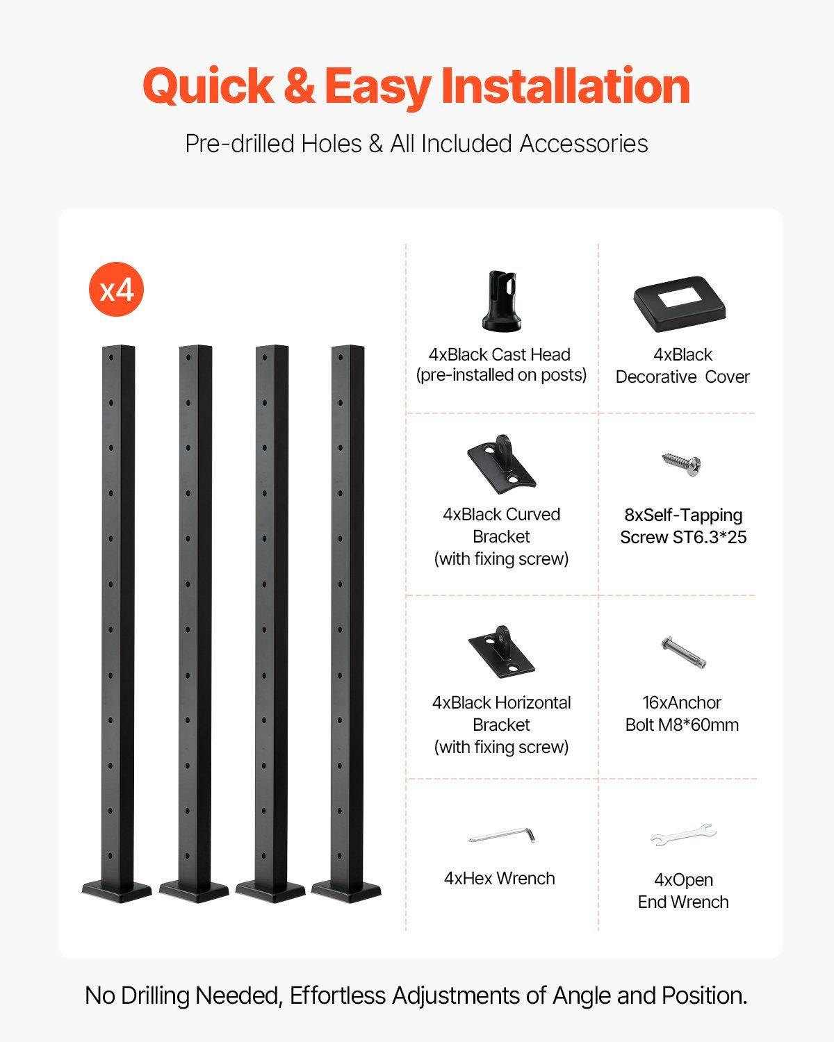 4-Pack Cable Railing Post, 1067x25x50 mm Horizontal-Hole Deck Railing Post with Pre-Drilled Holes, Stainless Steel Cable Rail Post with Horizontal and Curved Bracket, Black, 4JZLGZXHS106REP67001V0