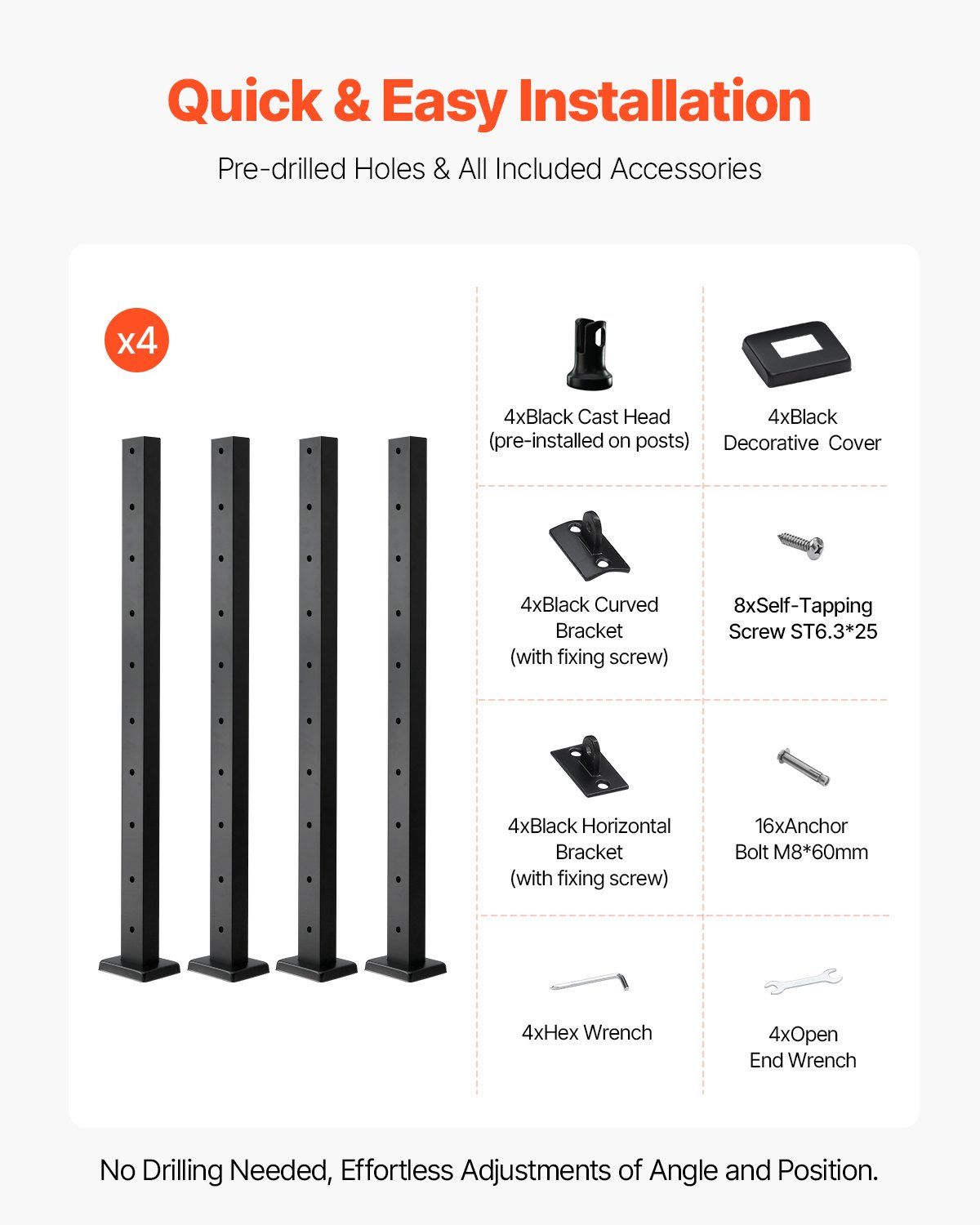 4-Pack Cable Railing Post, 914x25x50 mm Horizontal-Hole Deck Railing Post with Pre-Drilled Holes, Stainless Steel Cable Rail Post with Horizontal & Curved Bracket, Black, 4JZLGZXHS914UUOI6001V0