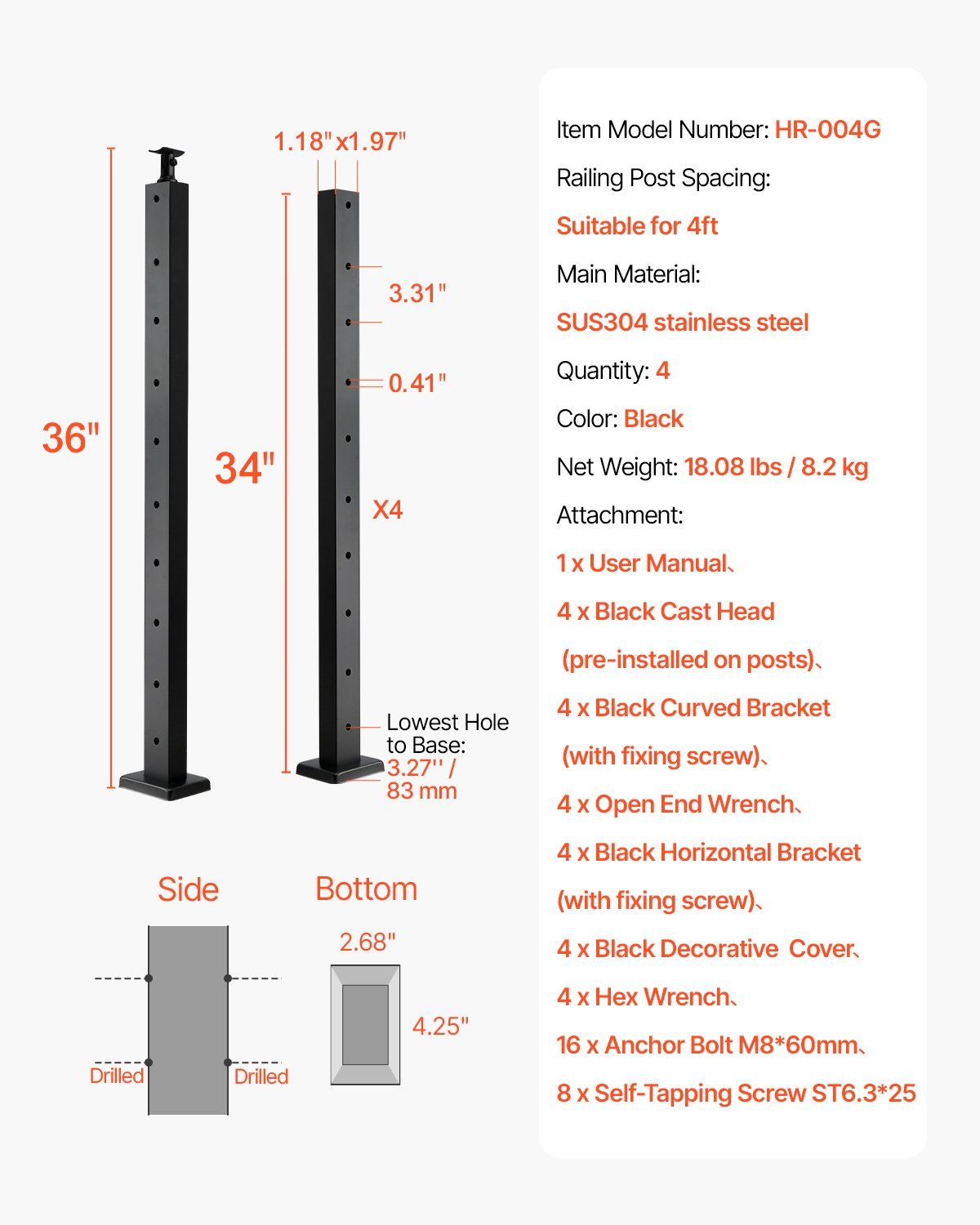 4-Pack Cable Railing Post, 914x25x50 mm Horizontal-Hole Deck Railing Post with Pre-Drilled Holes, Stainless Steel Cable Rail Post with Horizontal & Curved Bracket, Black, 4JZLGZXHS914UUOI6001V0