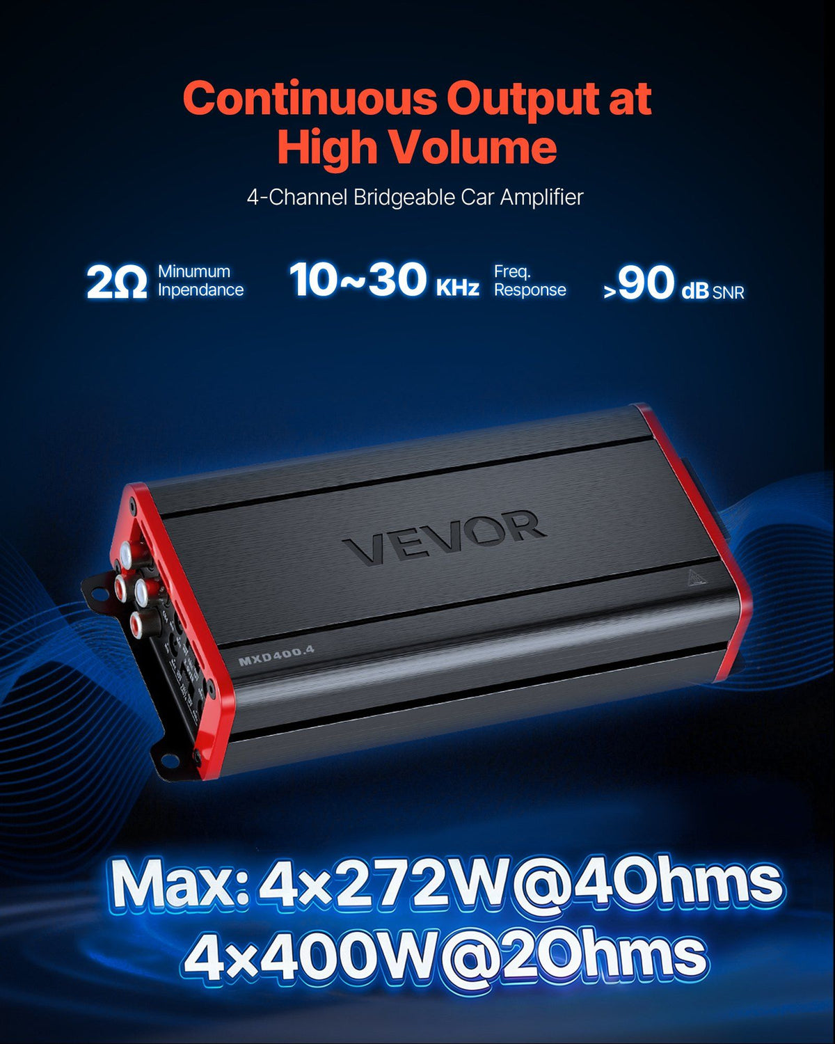 Car Audio Amplifier, 4-Channel Bridgeable Car Amplifier, Multichannel Class D Stereo Amp, Max. 4 x 272W at 4 Ohms / 4 x 400W at 2 Ohms, High Output, for SUVs, Pickups, and Off-Road Vehicles
