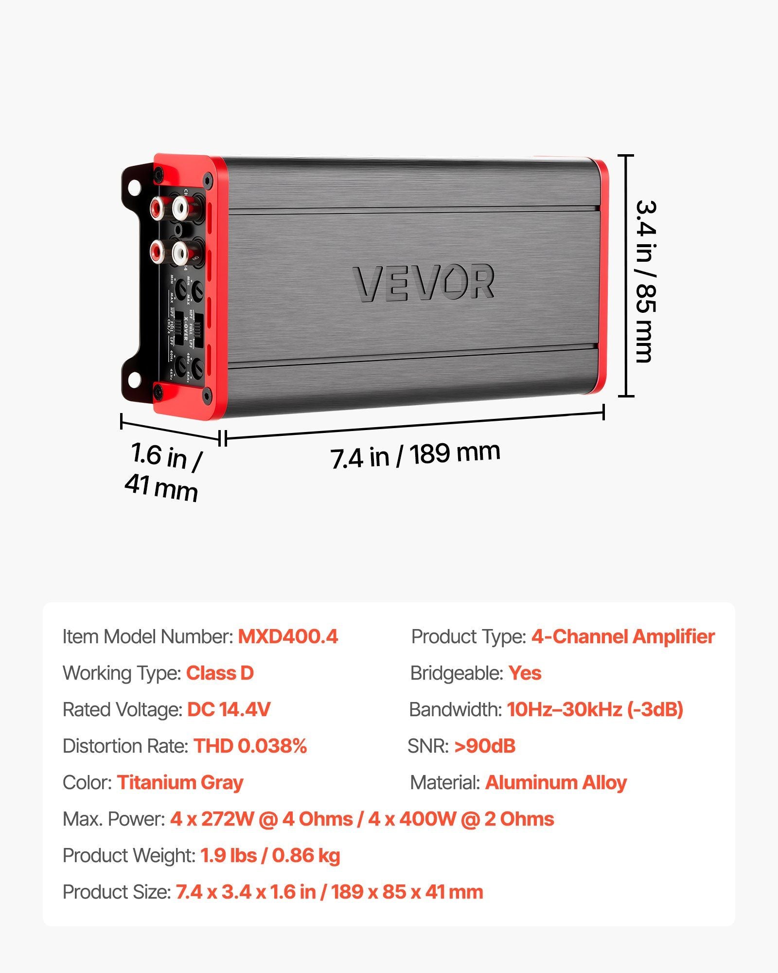 Car Audio Amplifier, 4-Channel Bridgeable Car Amplifier, Multichannel Class D Stereo Amp, Max. 4 x 272W at 4 Ohms / 4 x 400W at 2 Ohms, High Output, for SUVs, Pickups, and Off-Road Vehicles