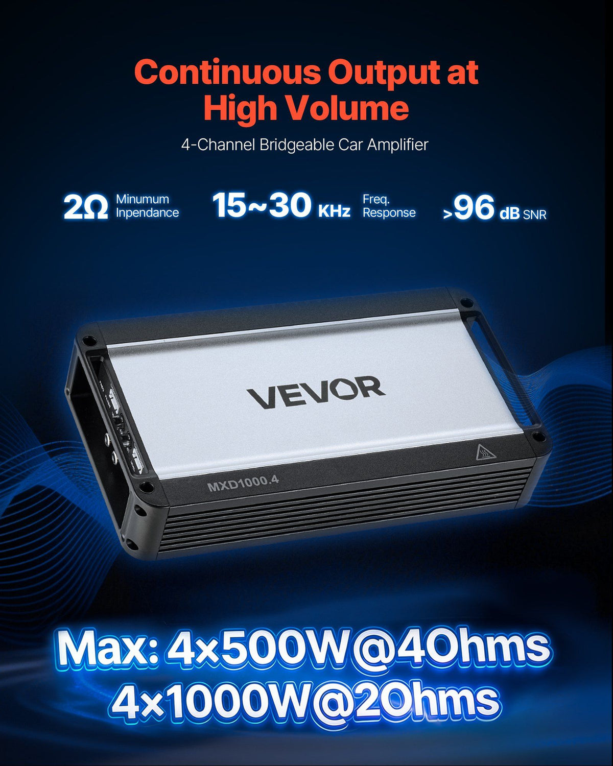 Car Audio Amplifier, 4-Channel Bridgeable Car Amplifier, Multichannel Class D Stereo Amp, Max. 4 x 500W at 4 Ohms / 4 x 1000W at 2 Ohms, High Output, for SUVs, Pickups, and Off-Road Vehicles