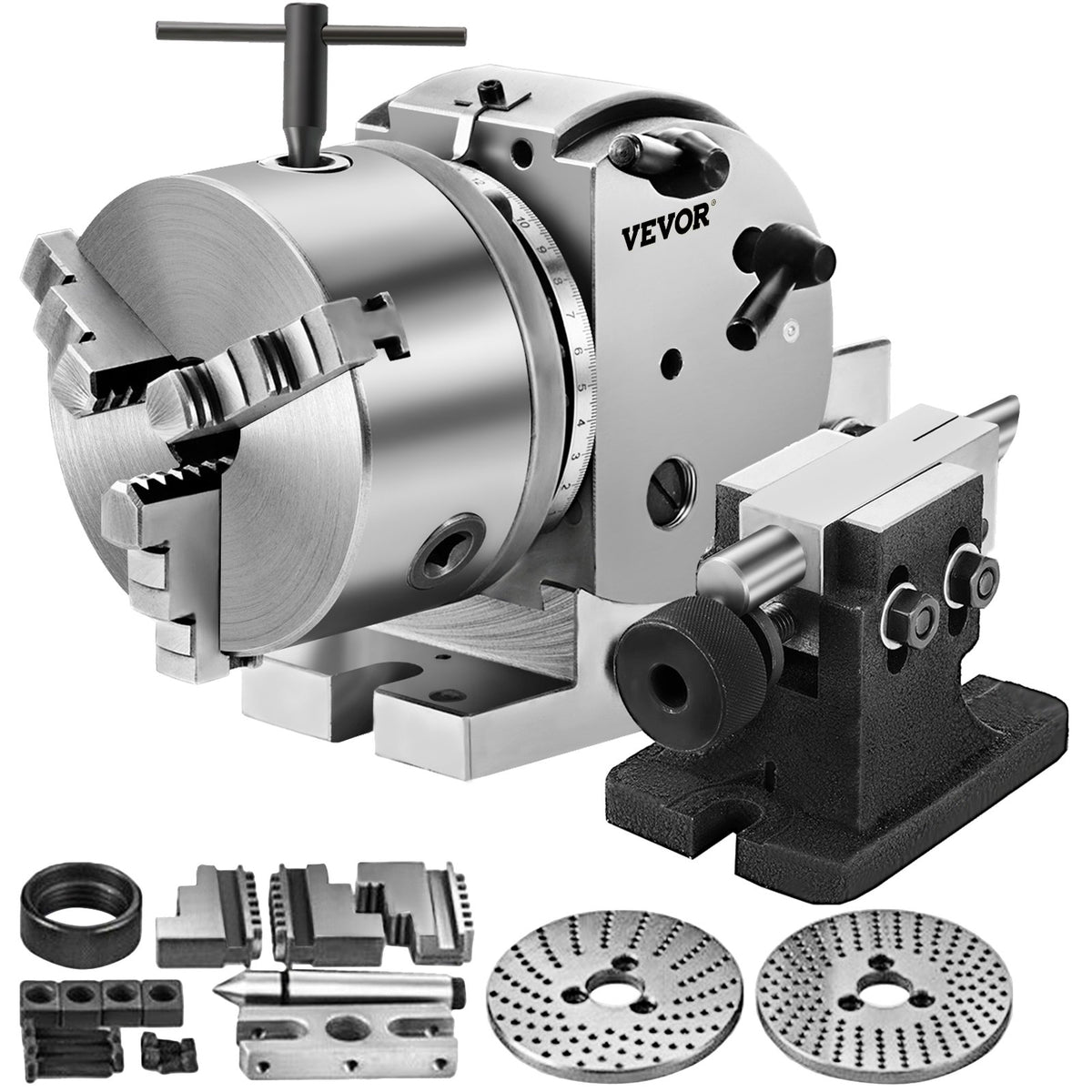 VEVOR BS-0 Dividing Head 5 Inch, Precision Dividing Head Set with 5&quot; 3-jaw Chuck &amp; Tailstock Dividing Plates for Milling Machine