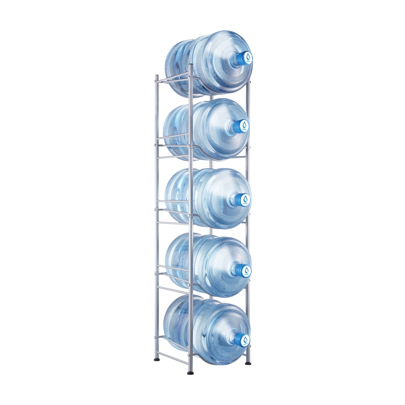 VEVOR 5 Tiers Water Jug Holder, 5 Gallon Water Bottle Holder, Single Row Water Bottle Rack for 5 Bottles, Heavy Duty Water Jug Rack for Kitchen, Office, Living Room, Silver