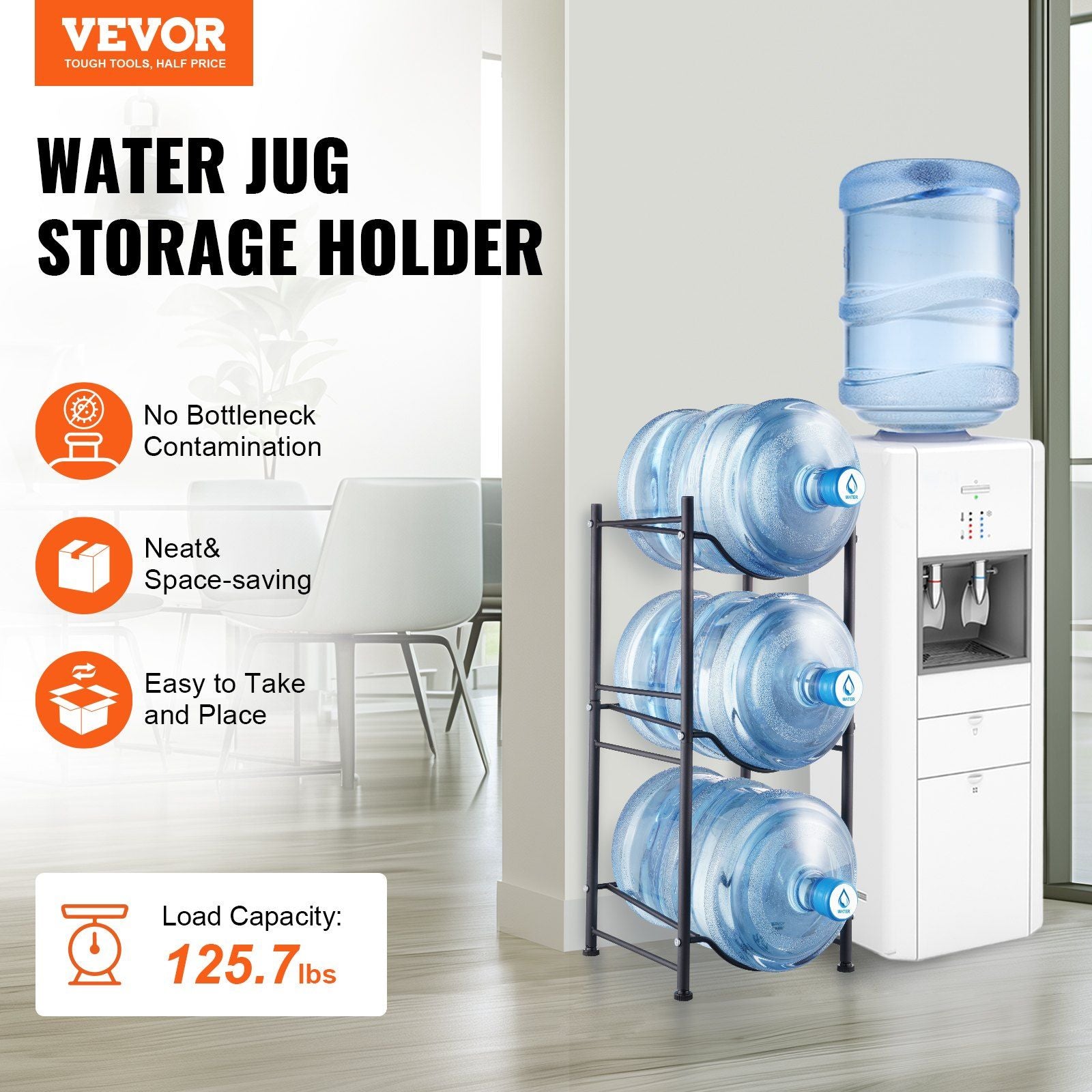 3 Tiers Water Jug Holder, 5 Gallon Water Bottle Holder, Single Row Water Bottle Rack for 3 Bottles, Heavy Duty Water Jug Rack for Kitchen, Office, Living Room, Black