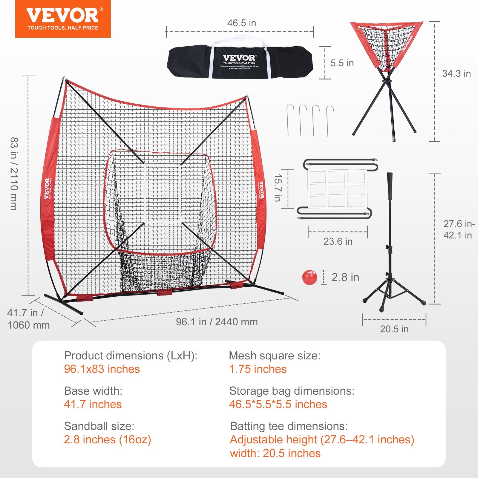 VEVOR 7x7 Baseball Softball Practice Net, Portable Baseball Training Net for Hitting Catching Pitching, Backstop Baseball Equipment with Bow Frame, Carry Bag, Strike Zone, Ball, Tee, Ball Collector