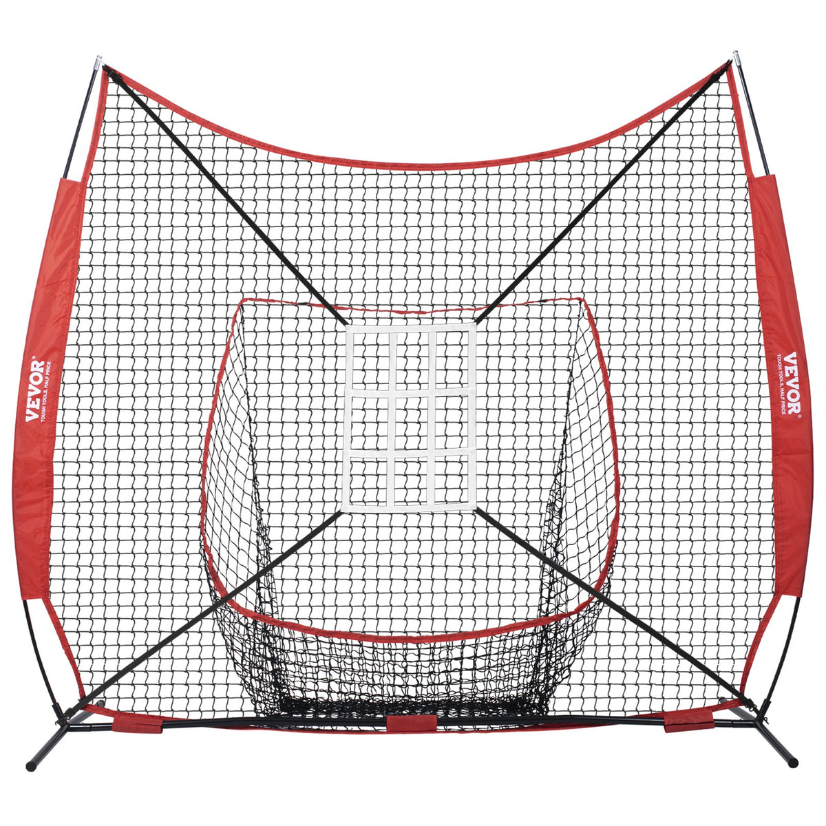VEVOR 7x7 ft Baseball Softball Practice Net, Portable Baseball Training Net for Hitting Catching Pitching, Backstop Equipment with Bow Frame, Carry Bag, Strike Zone, 12 Balls, Tee, and Ball Collector