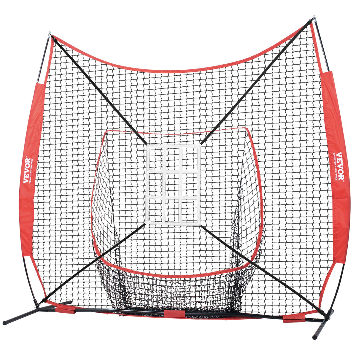 VEVOR 7x7 ft Baseball Softball Practice Net, Portable Baseball Training Net for Hitting Catching Pitching, Backstop Equipment with Bow Frame, Carry Bag, Strike Zone, 12 Balls, Tee, and Ball Collector