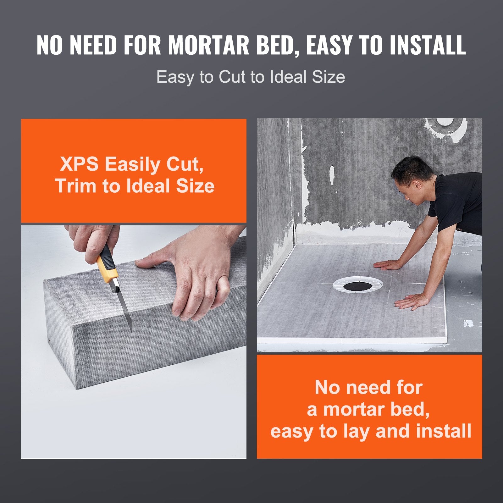 VEVOR Shower Curb Kit, 1219x1524mm, 60"x48" Shower Pan Kit with 50.8mm ABS Central Flange, Waterproof Membrane, Stainless Steel Grate and Joint Sealant, Shower Pan Slope Sticks Fit for Bathroom