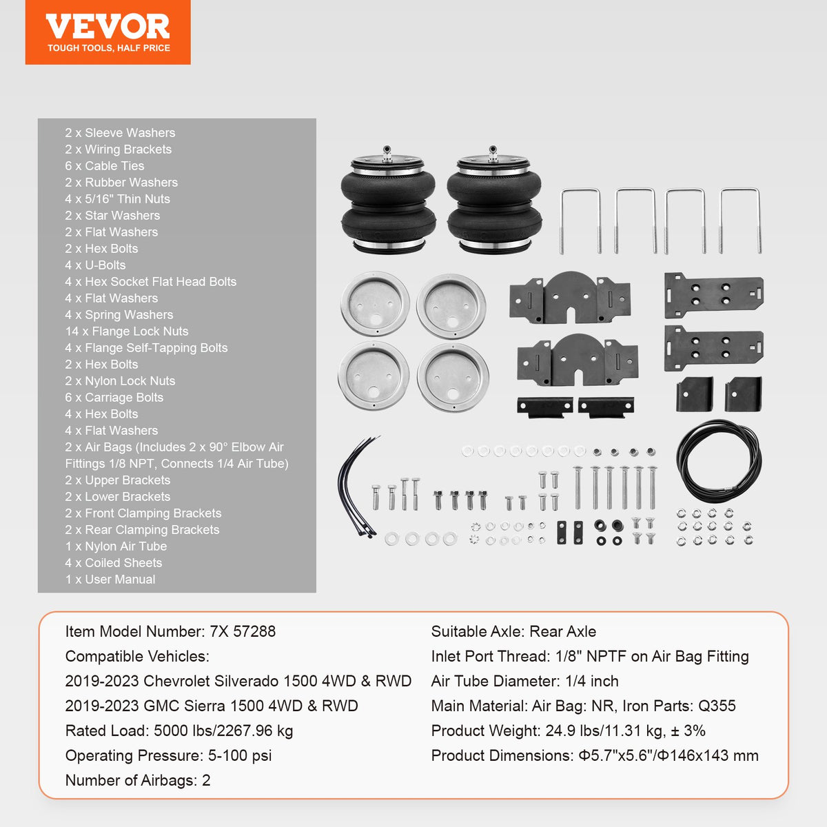 VEVOR Air Bag Suspension Kit, Air Springs Suspension Bag Kit Compatible with 2019-2023 Chevrolet Silverado 1500 and GMC Sierra 1500 4WD RWD, 5000 lbs Loading, 5 to 100 PSI