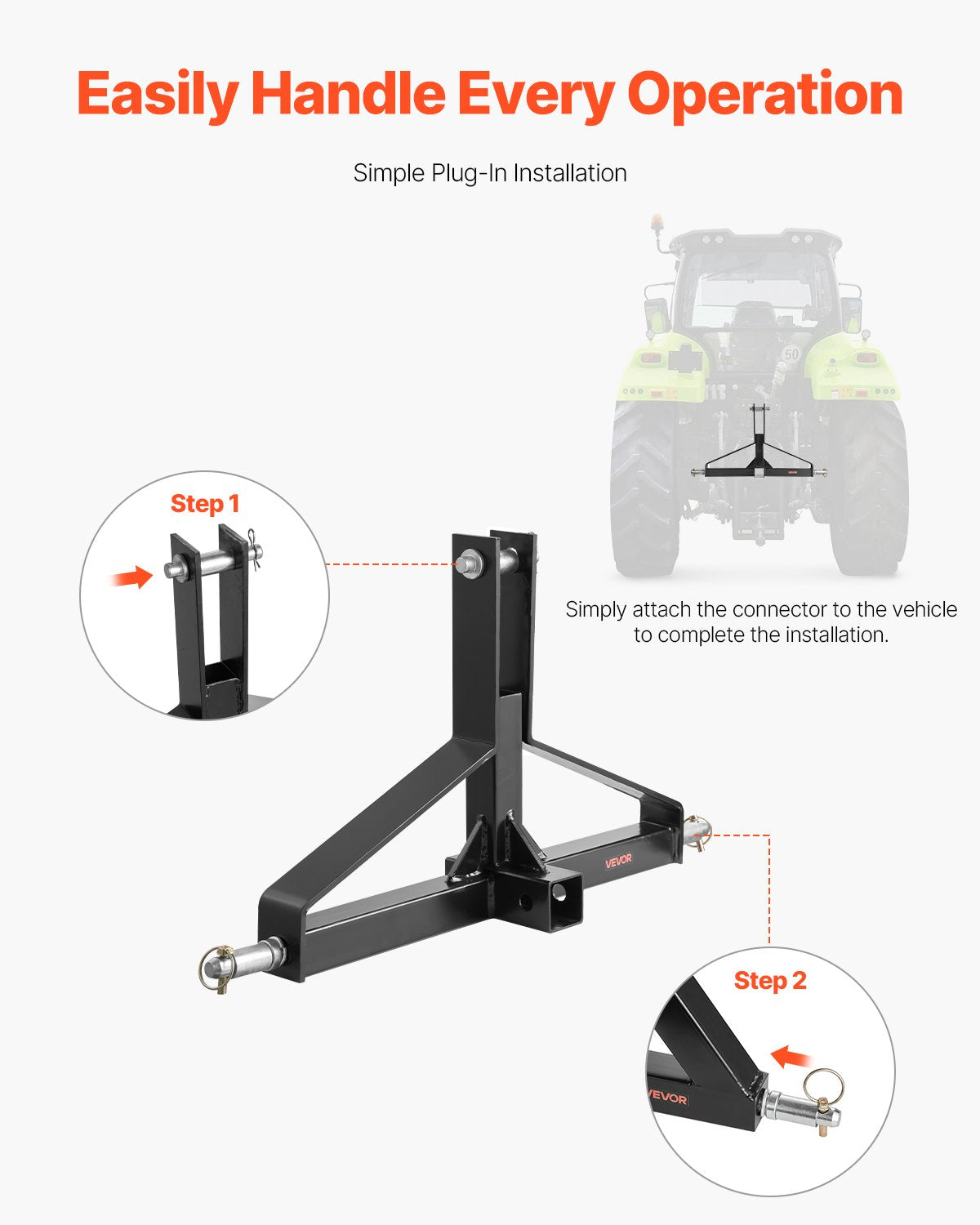 VEVOR 3 Point Trailer Hitch with 2 in Receiver, 3pt Quick Hitch Attachment for Category 1 Tractor, 3000lbs Capacity, Tow Drawbar Adapter, Compatible with Kubota, Mahindra, Ford, Yanmar, John Deere