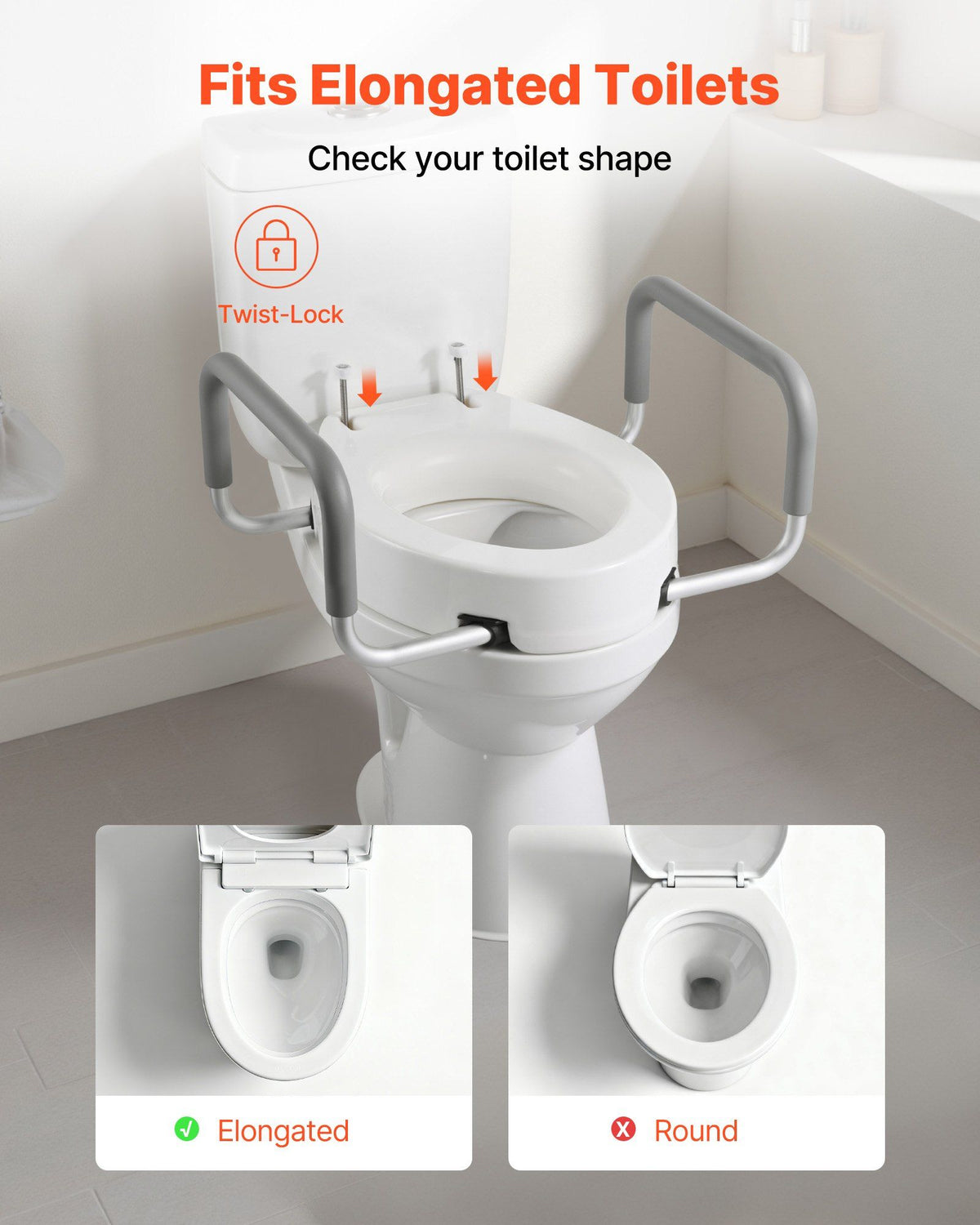 Raised Toilet Seat with Arms, 136.1 kg Load Capacity, 88.9 mm Lift Height, Widened Commode Elevated Toilet Seat Riser with Padded Handles for Seniors, Elderly, Handicap, Disabled, and Adults