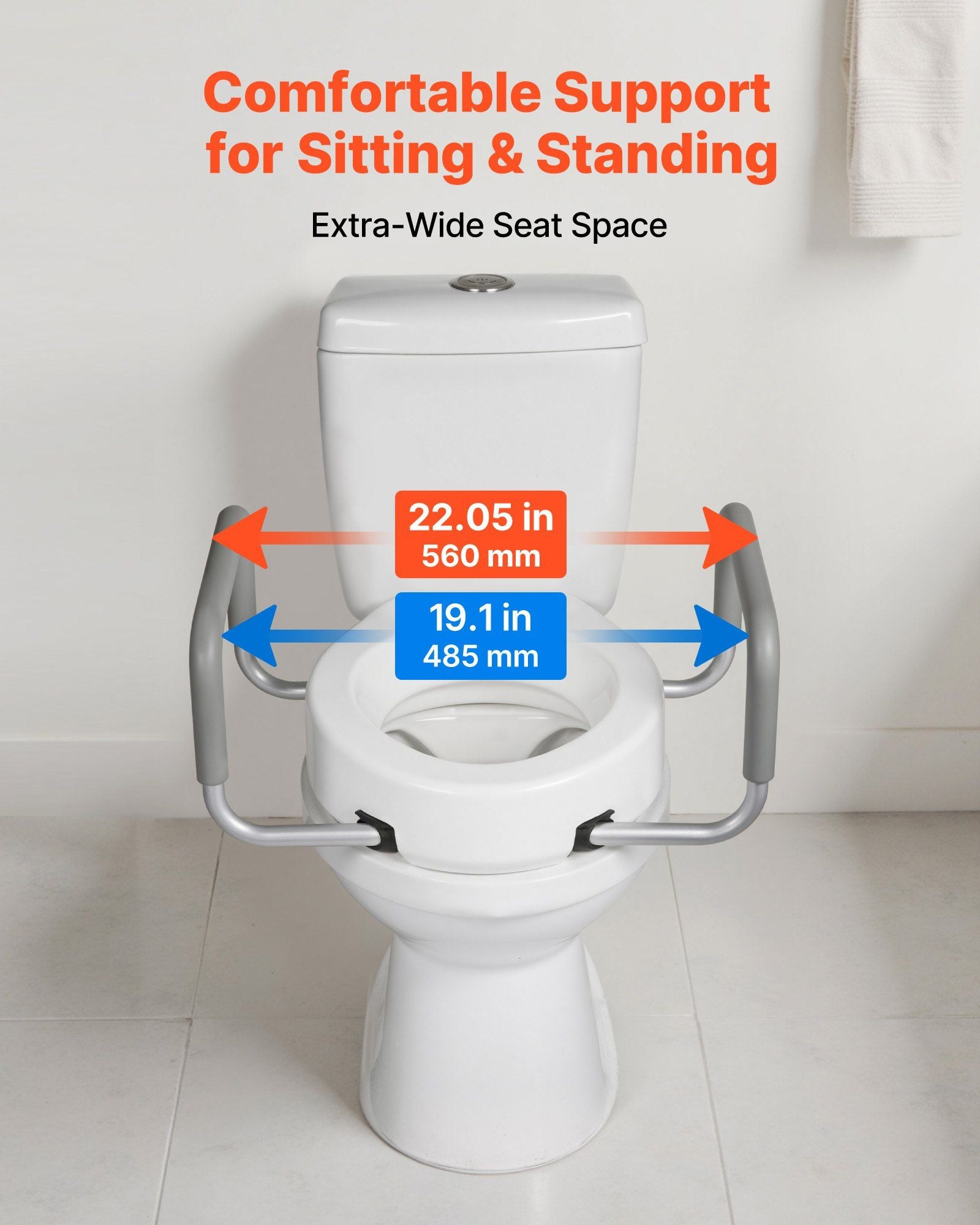 Raised Toilet Seat with Arms, 136.1 kg Load Capacity, 88.9 mm Lift Height, Widened Commode Elevated Toilet Seat Riser with Padded Handles for Seniors, Elderly, Handicap, Disabled, and Adults