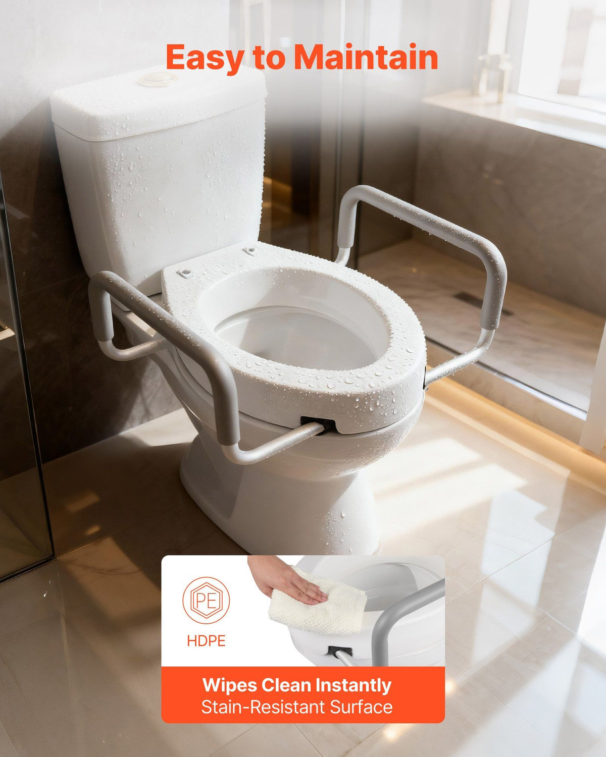 Raised Toilet Seat with Arms, 136.1 kg Load Capacity, 88.9 mm Lift Height, Widened Commode Elevated Toilet Seat Riser with Padded Handles for Seniors, Elderly, Handicap, Disabled, and Adults