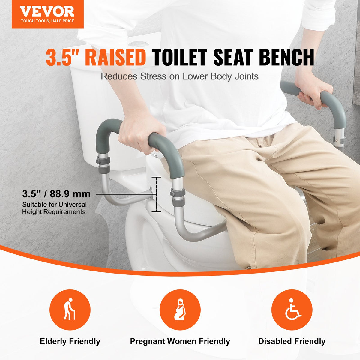 VEVOR Raised Toilet Seat,88.9 mm Height Raised, 136 kg Weight Capacity, for Standard Round Toilet, Aluminum Handrail, with EVA Armrest Padding, for Elderly, Handicap, Patient, Pregnant, Medical