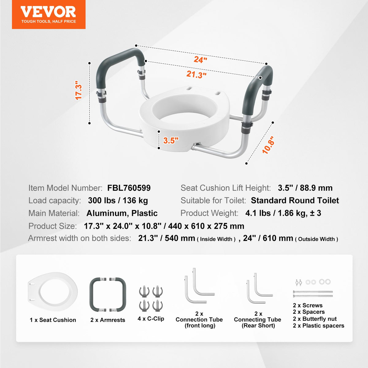 VEVOR Raised Toilet Seat,88.9 mm Height Raised, 136 kg Weight Capacity, for Standard Round Toilet, Aluminum Handrail, with EVA Armrest Padding, for Elderly, Handicap, Patient, Pregnant, Medical