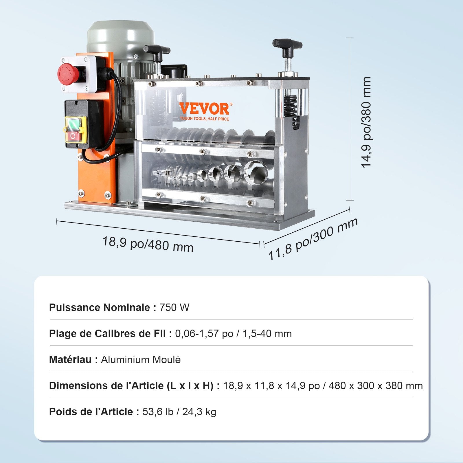 VEVOR Automatic Wire Stripping Machine, 0.06''-1.57'' Electric Motorized Cable Stripper, 750 W, 98 ft/min Wire Peeler with Visible Stripping Depth Reference, 10 Channels for Scrap Copper Recycling