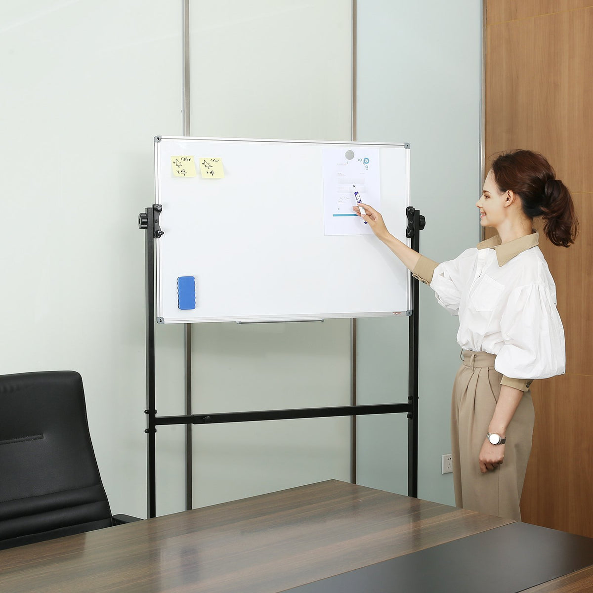 VEVOR 91.5x61cm Rolling Magnetic Whiteboard, Double-sided Mobile Whiteboard, Adjustable Height Dry Erase Board with Wheels, 1 Magnetic Erase & 3 Dry Erase Markers & Movable Tray Office, School