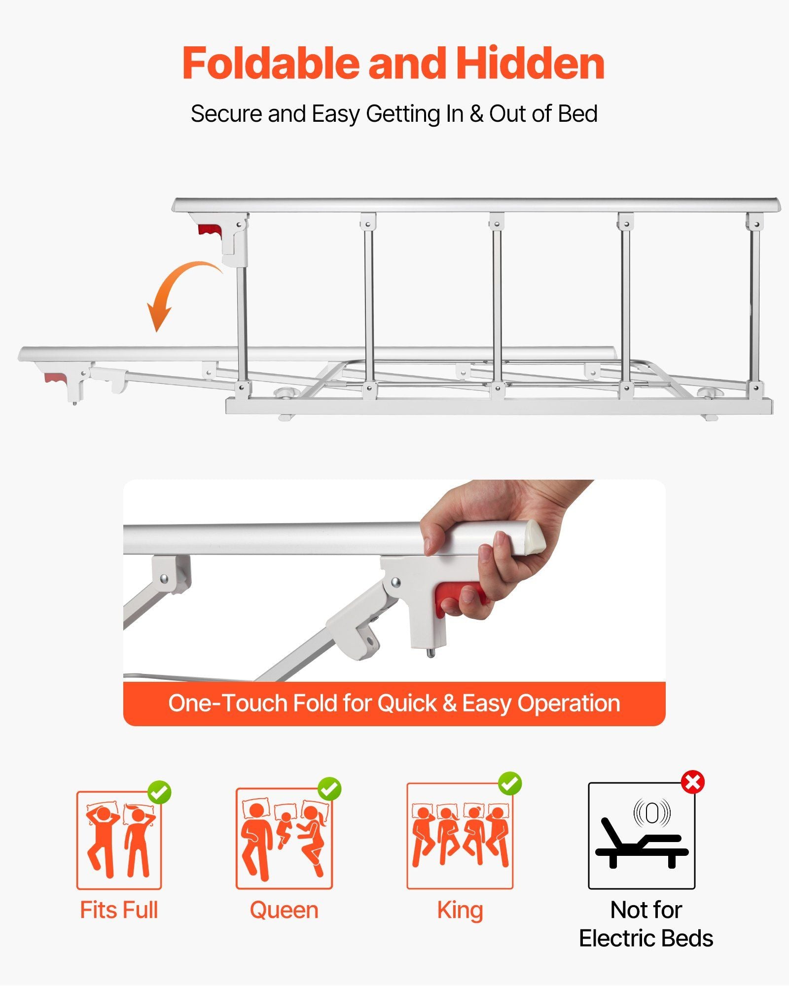 Foldable Bed Rail for Elderly, 122 cm Bedside Assist Rail with Fixing Strap, Adjustable Height Pipe Bedside Cane, High-Strength Metal Senior Bed Bar, Hand Guard Grab Fits King, Queen, Full, Twin