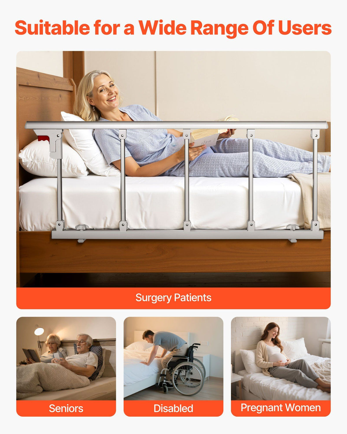 Foldable Bed Rail for Elderly, 122 cm Bedside Assist Rail with Fixing Strap, Adjustable Height Pipe Bedside Cane, High-Strength Metal Senior Bed Bar, Hand Guard Grab Fits King, Queen, Full, Twin