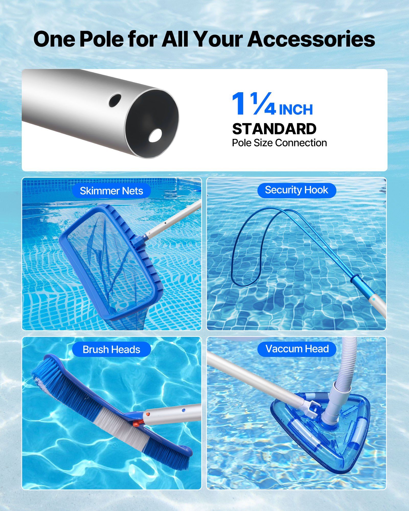 Pool Pole, 1 to 3.66 m Telescoping Swimming Pool Cleaning Poles, Professional Adjustable Telescopic Pole with Extension Pole, Heavy Duty Cleaner Stick for Skimmer Net, Rake, Brush, Vacuum Head