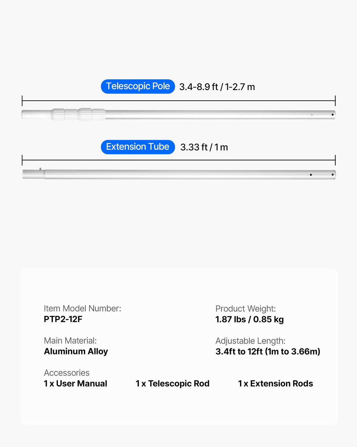 Pool Pole, 1 to 3.66 m Telescoping Swimming Pool Cleaning Poles, Professional Adjustable Telescopic Pole with Extension Pole, Heavy Duty Cleaner Stick for Skimmer Net, Rake, Brush, Vacuum Head