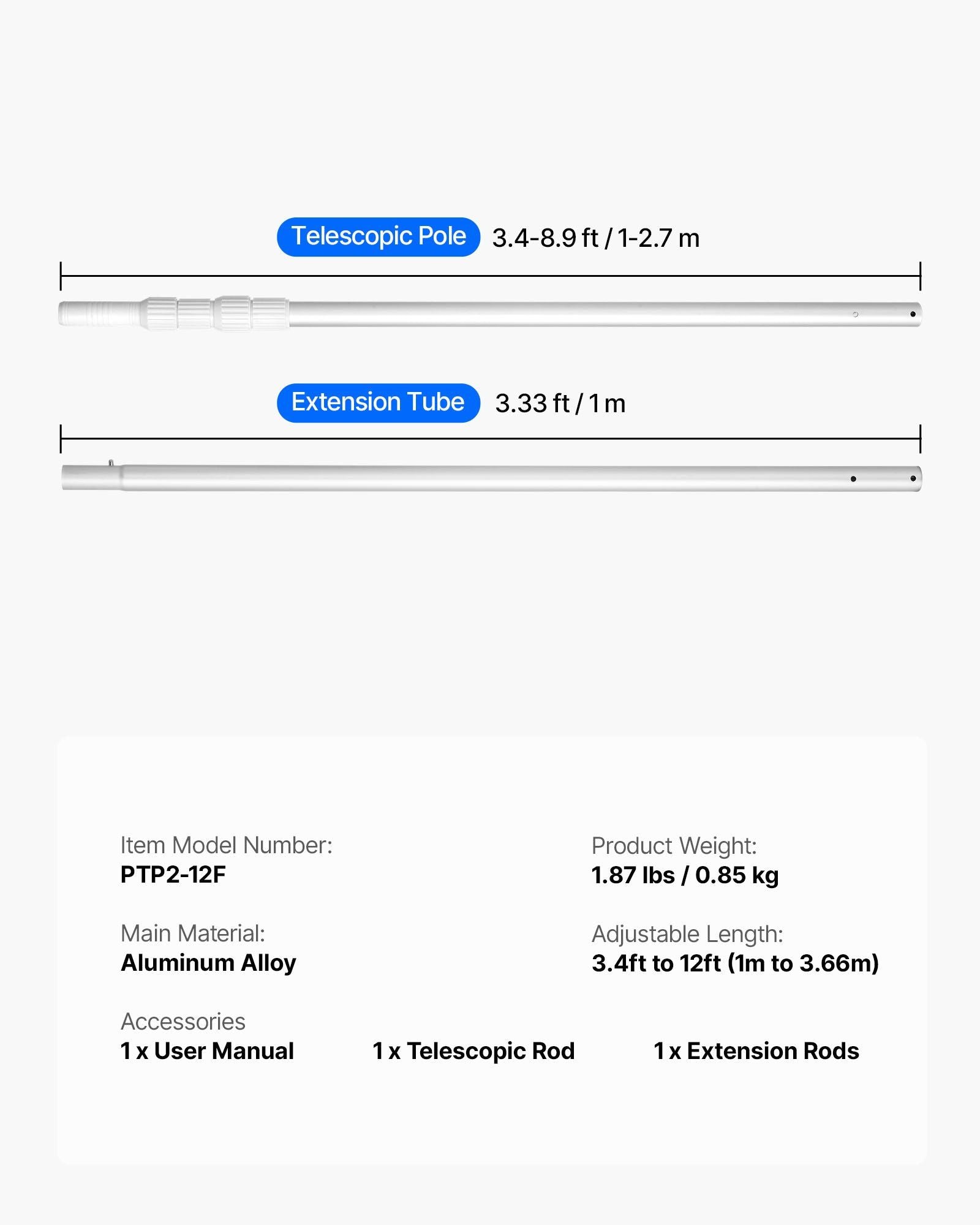 Pool Pole, 1 to 3.66 m Telescoping Swimming Pool Cleaning Poles, Professional Adjustable Telescopic Pole with Extension Pole, Heavy Duty Cleaner Stick for Skimmer Net, Rake, Brush, Vacuum Head