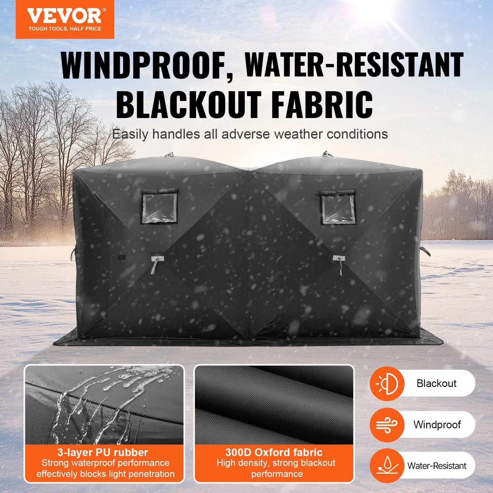 Portable Ice Shelter, 6-8 Person Pop-Up Ice Fishing Tent, 70 Square Feet Fishable Area, Ice Shanty for Winter Fishing, Waterproof Oxford Ice Cube with Anchors/Ropes/Carrying Bag, 142"x71" Black