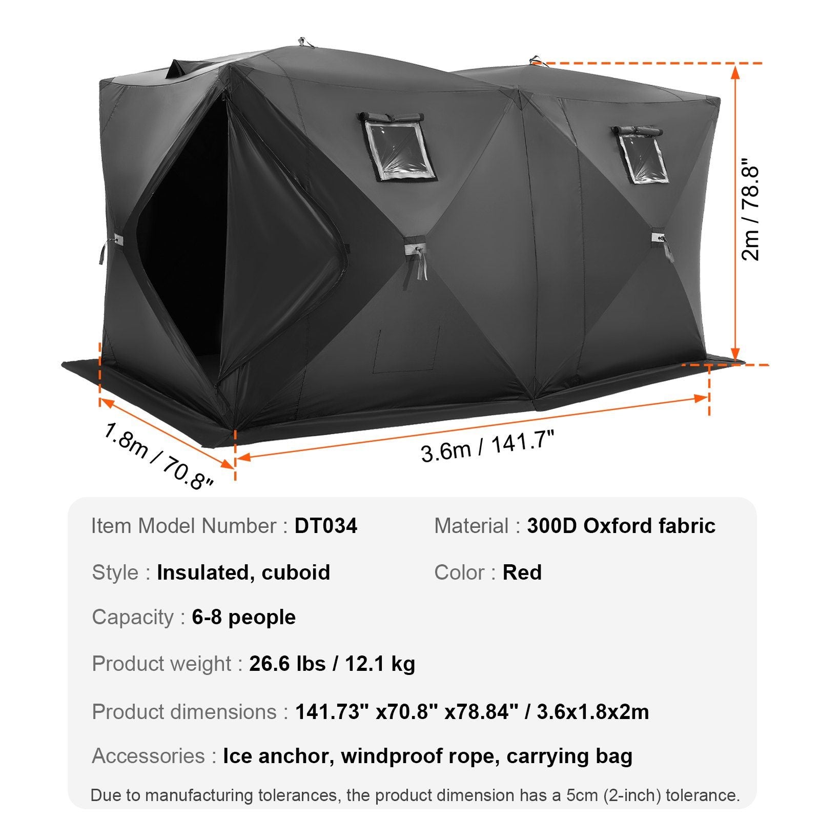Portable Ice Shelter, 6-8 Person Pop-Up Ice Fishing Tent, 70 Square Feet Fishable Area, Ice Shanty for Winter Fishing, Waterproof Oxford Ice Cube with Anchors/Ropes/Carrying Bag, 142"x71" Black