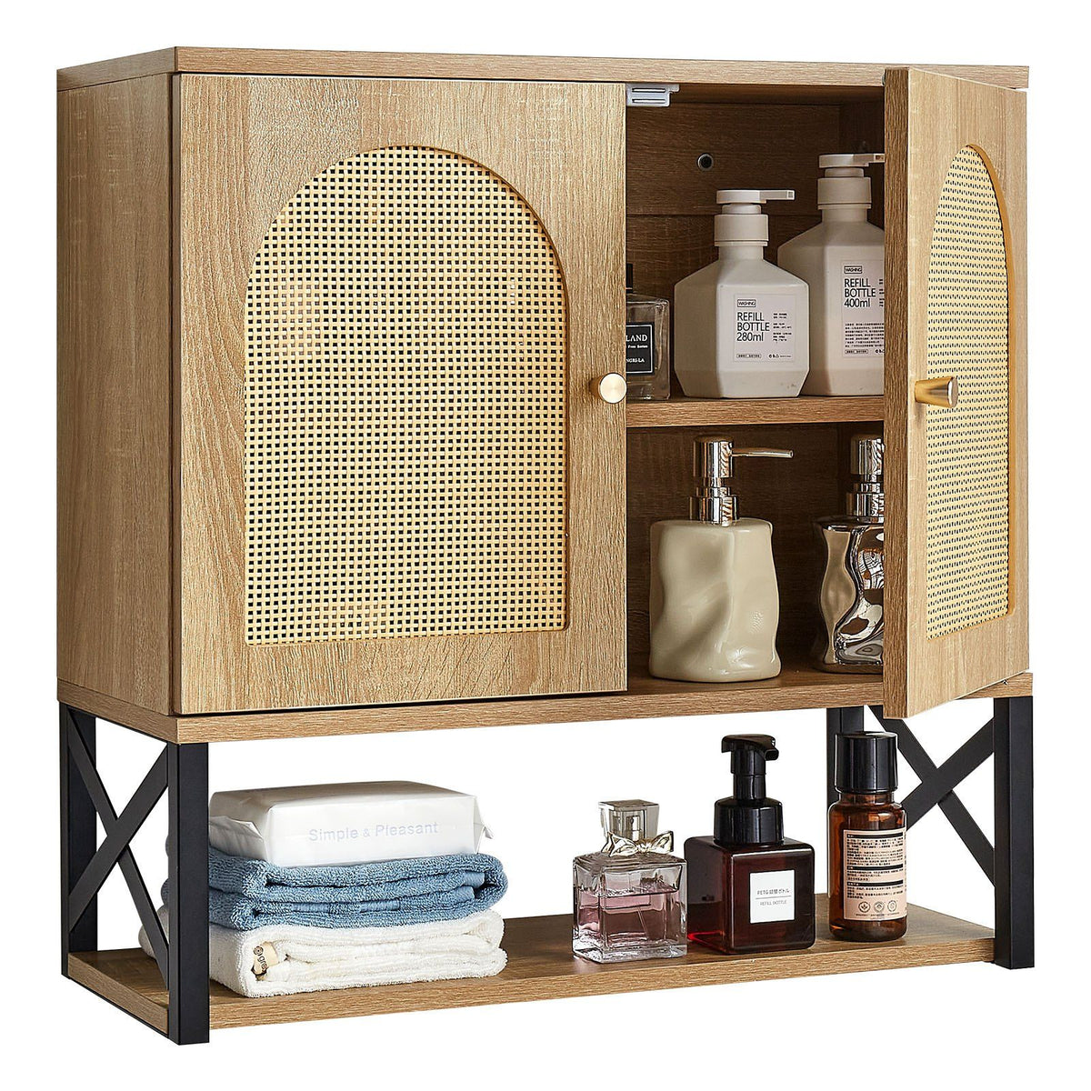 Bathroom Wall Cabinet, with 2 Doors and Adjustable Shelf, Over the Toilet Storage Medicine Cabinet Wall Mounted, Hanging Organizer with Shelves &amp; Open Partition for Laundry Room Kitchen Restroom