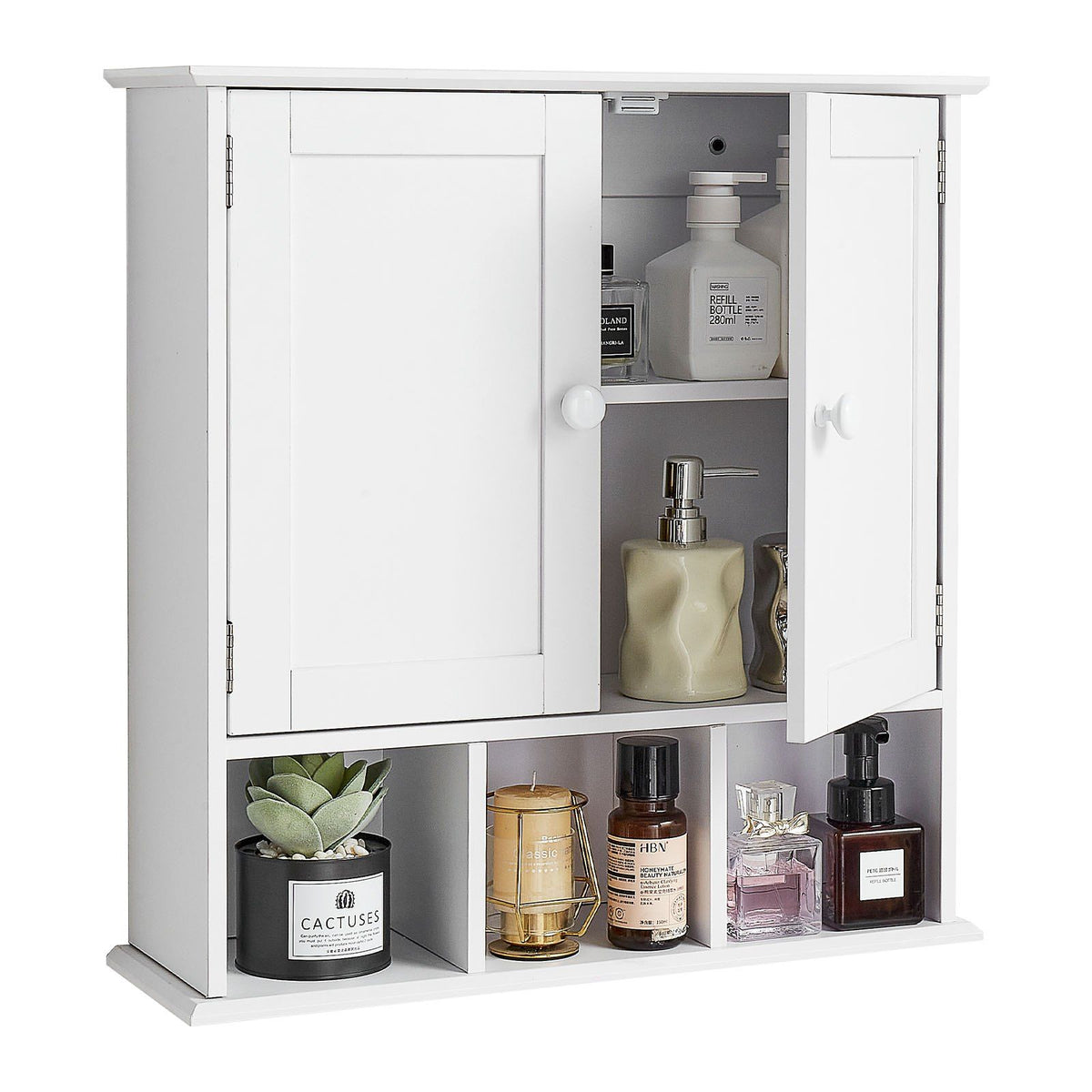 Bathroom Wall Cabinet, 2 Doors &amp; Adjustable Shelf, Over the Toilet Storage Medicine Cabinet Wall Mounted, Hanging Organizer with Shelves &amp; Open Partition for Laundry Room Kitchen Restroom, White