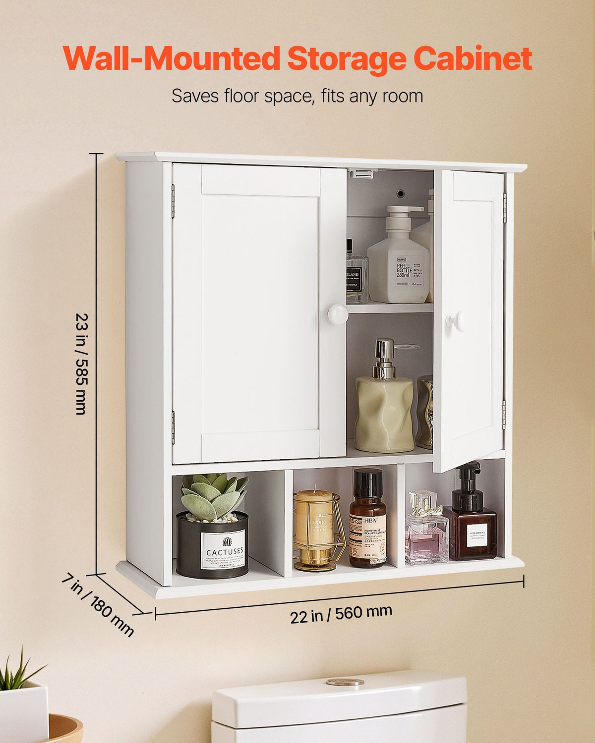 Bathroom Wall Cabinet, 2 Doors & Adjustable Shelf, Over the Toilet Storage Medicine Cabinet Wall Mounted, Hanging Organizer with Shelves & Open Partition for Laundry Room Kitchen Restroom, White