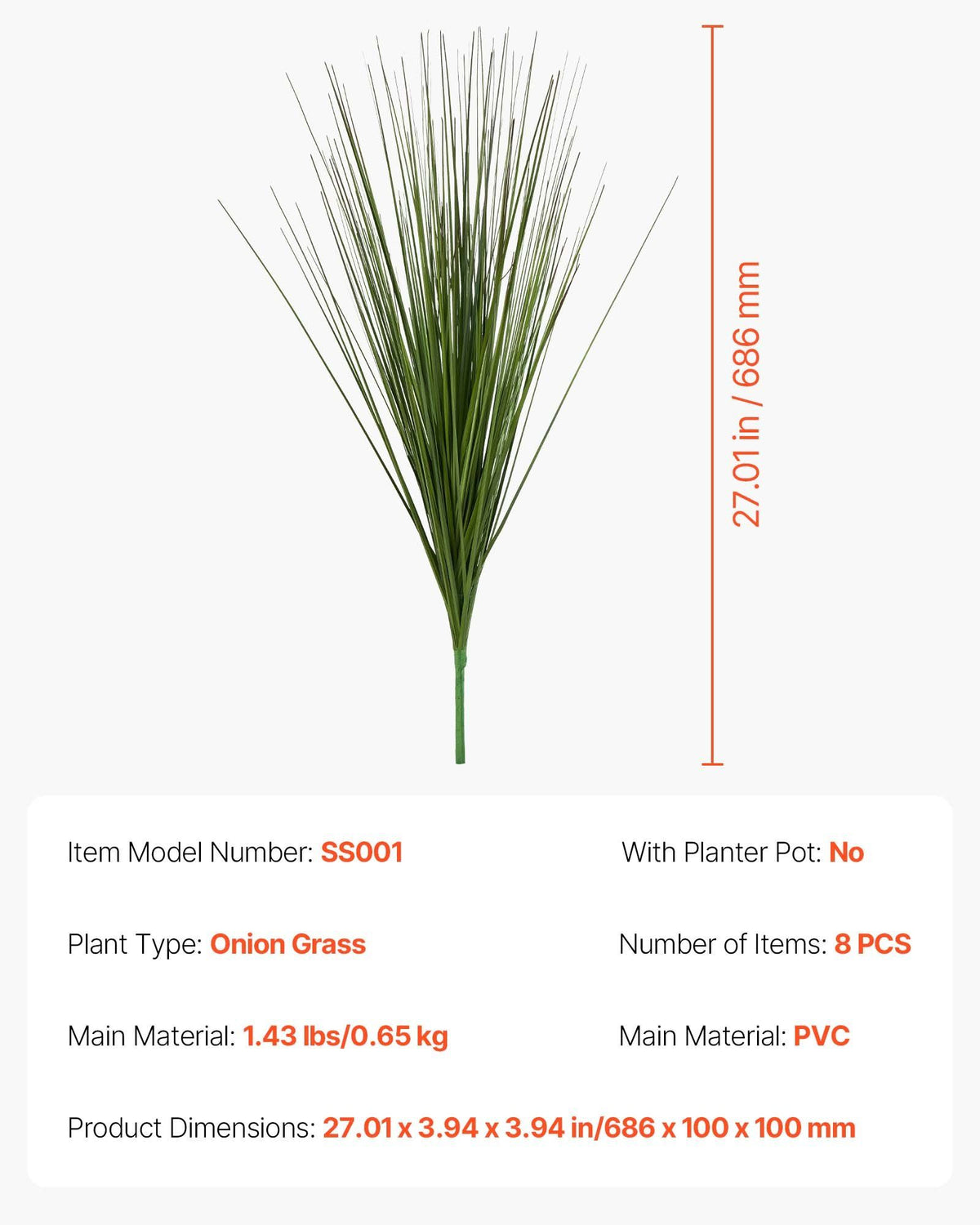 Artificial Grass Plant, 686mm Faux Onion Grass Fake Greenery Shrubs Plant, Premium PVC for Indoor Outdoor House Home Garden Office Room Décor, Housewarming, 8 Pack Green