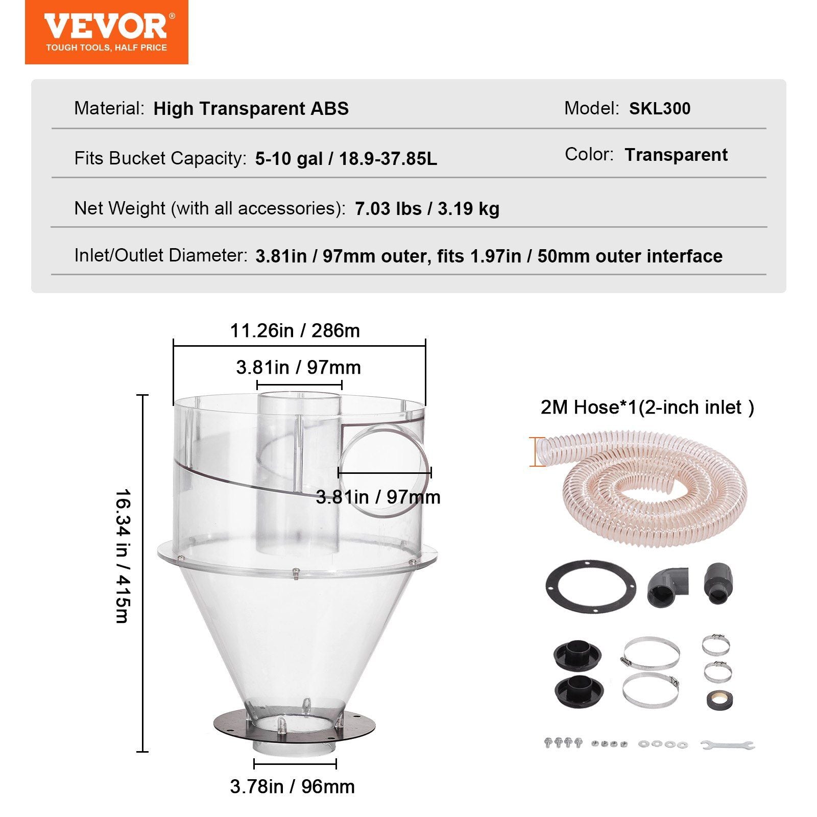 Cyclone Dust Separator, 4" Retrofit Cyclone Separator for Dust Collectors, ABS Dust Deputy With 2" Hole O.D. Connector & Hose for Wet/Dry Shop Vacuums, Fits 18.9-37.85L Tank (Tank Exclude)