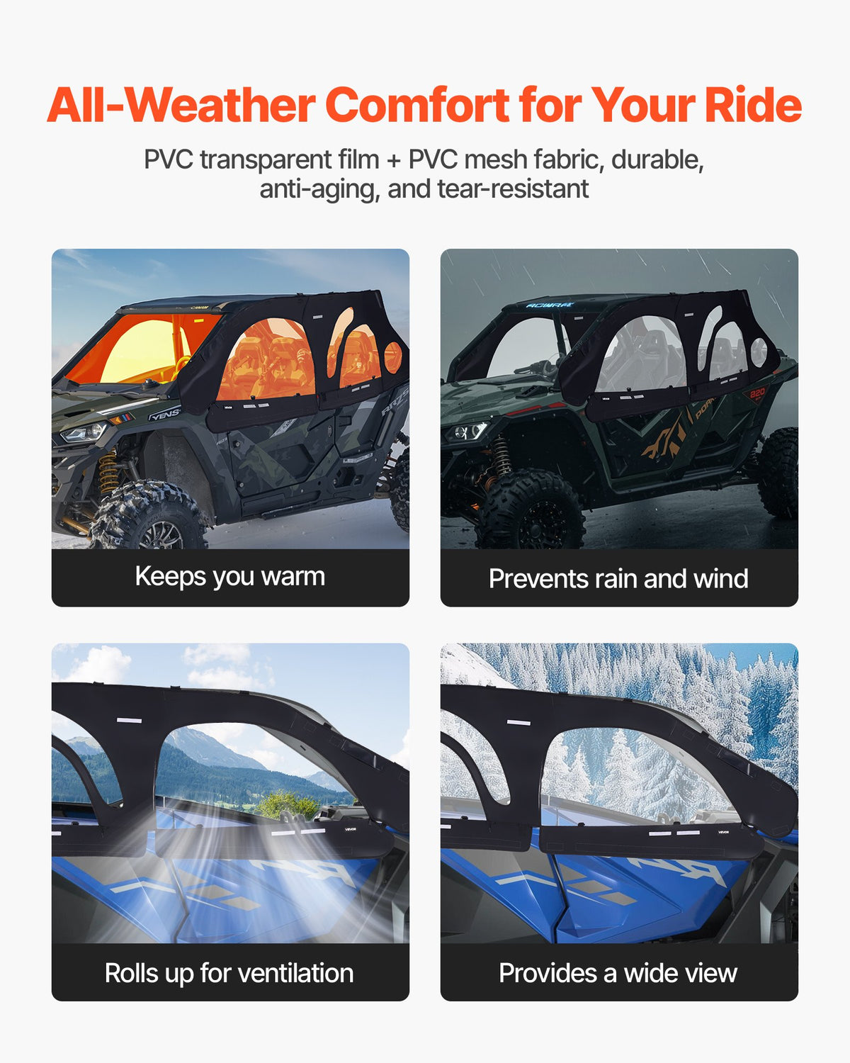 VEVOR Cab Enclosure Upper Doors, Compatible with Polaris RZR PRO 2020-2024/Polaris RZR Turbo2022-2024, Soft Upper Doors, Upgraded Zipper UTV Soft Side Window Kit, Fit with Side Mirrors and Windshields