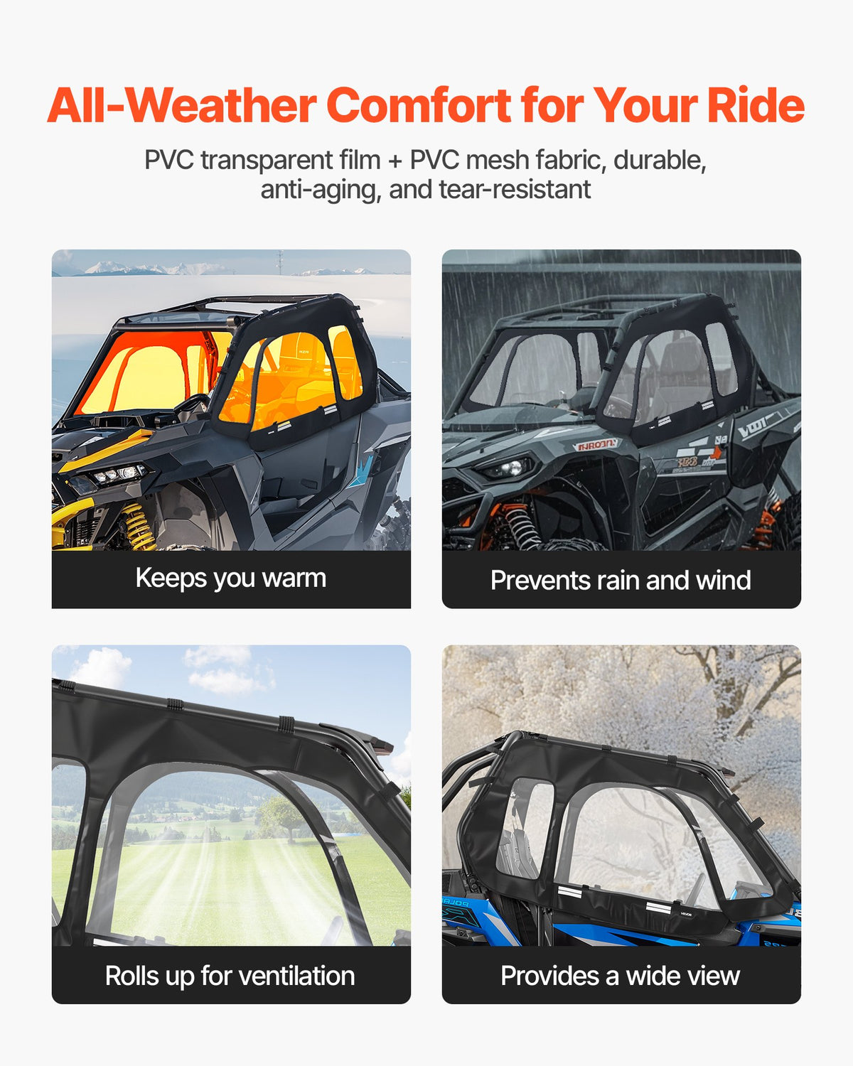 VEVOR Cab Enclosure Upper Doors, Compatible with Polaris RZR XP 1000/XP Turbo 2014-2023, Soft Upper Doors, Windproof Upgraded Zipper UTV Soft Side Window Kit, Work with Side Mirrors and Windshields