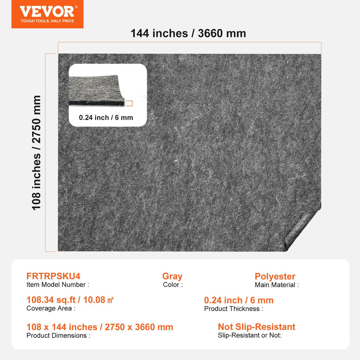 VEVOR Rug Pad Without Slip Resistance, Protective Cushioning Carpet Pad, 9' x 12', 1/4"Thick, 100% Pure Polyester Felt, 10-11㎡ Premium Comfort Underfoot Carpet Padding Rug Cushion for All Floors, Gray