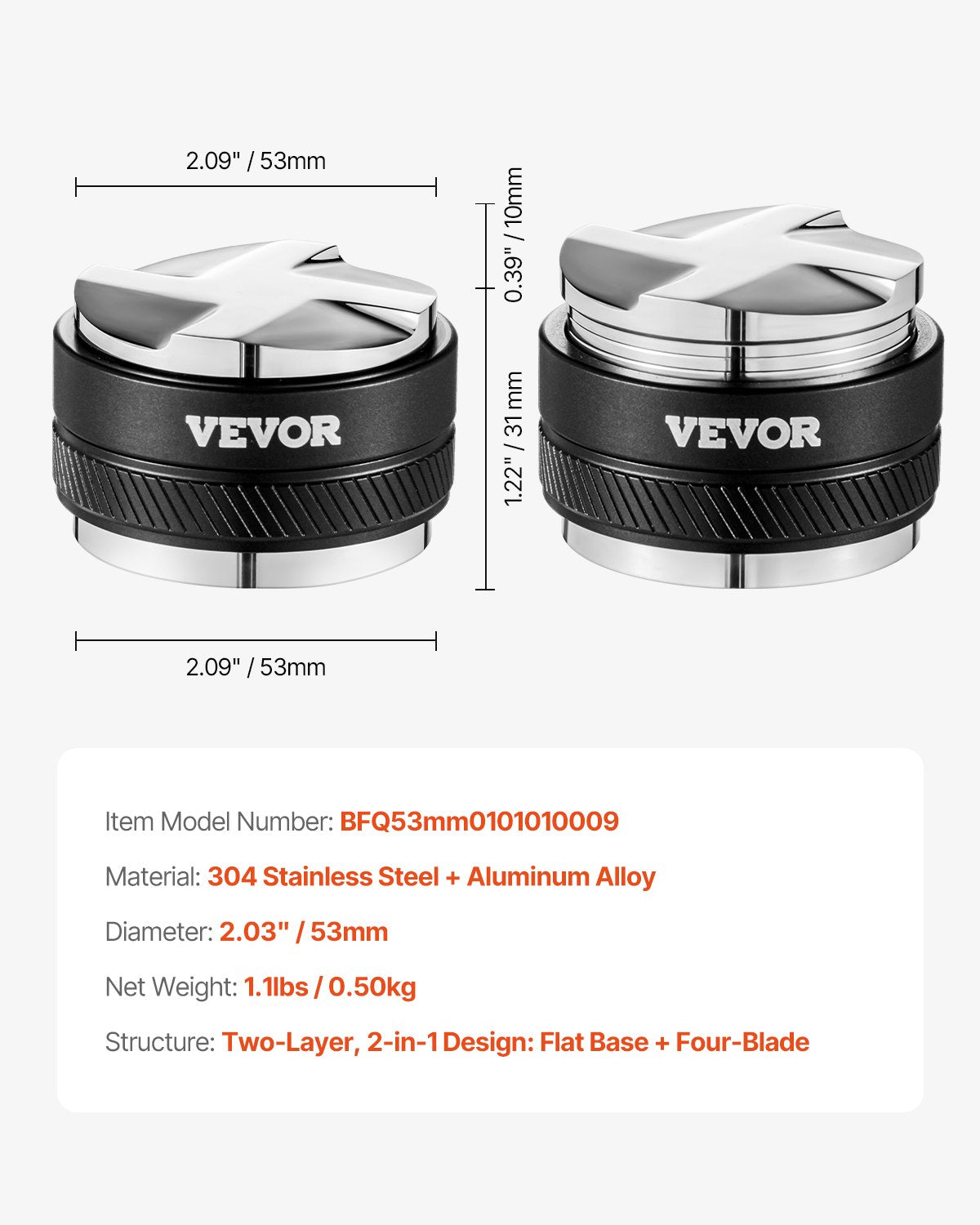 VEVOR 53mm Coffee Distributor 2-in-1 Adjustable Espresso Distributor for Home