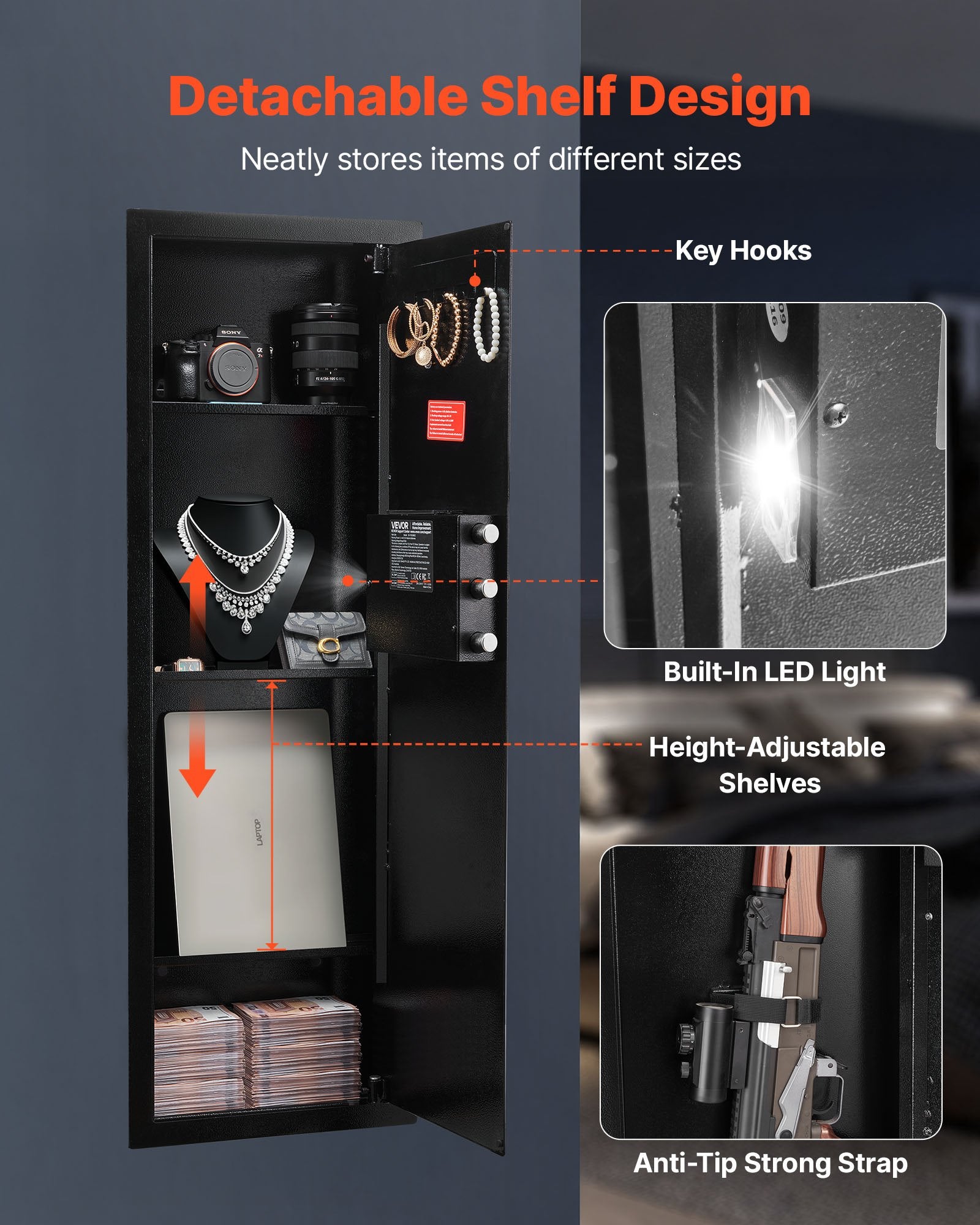 VEVOR Wall Safe, 4-Tier Hidden Wall Mounted Gun Safe with Password & Key, Q235 Cold-Rolled Steel In-Wall Box with LED Lighting, 3 Adjustable Shelves & Key Holders for Money, Jewelry, Passport, Black