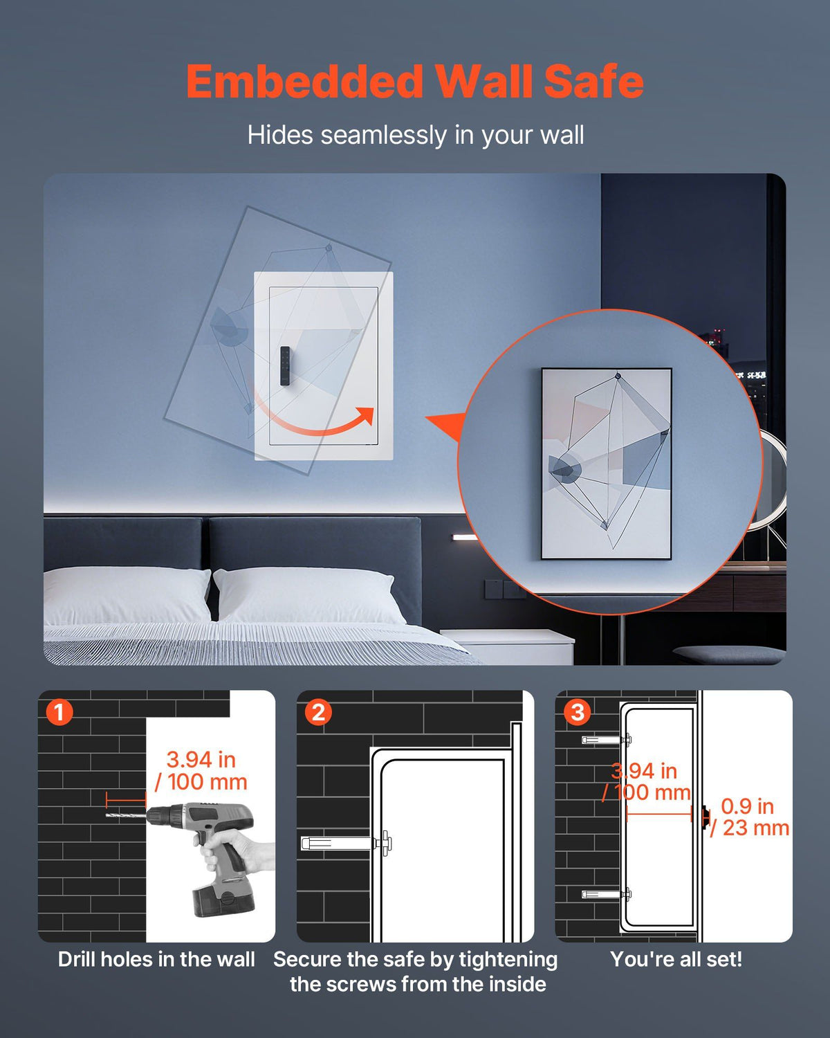 0.83 sq.ft Wall Safe, 3-Tier Hidden Wall Safe with Password, Key & Turning Knob, Q235 Cold-Rolled Steel In-Wall Box with Adjustable Shelves & Mounting Holes for Money, Jewelry, Passport, White