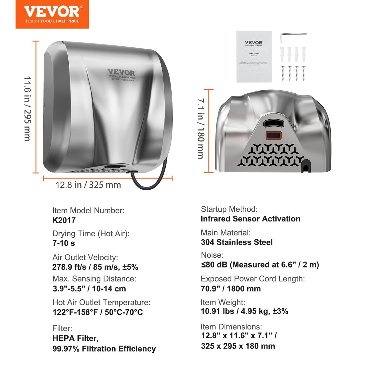 VEVOR Heavy Duty Commercial Hand Dryer, 1800W Automatic High Speed Stainless Steel Warm Wind Hand Blower, 220V-240V Plug In/Hardwired Two Power Options, Compliant for Industry Business Restrooms